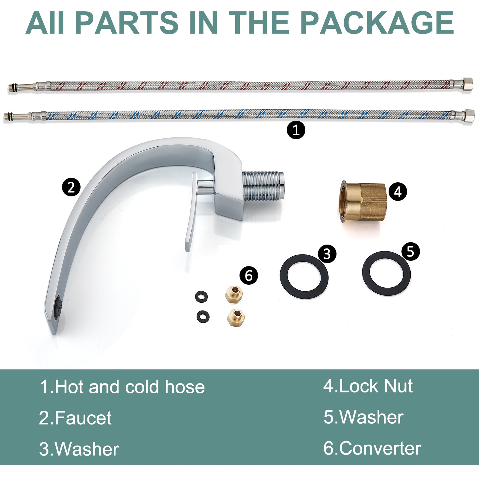 Heyalan Bathroom Sink Faucet Deck Mount Single Handle Single Hole Curved Spout Lavatory Basin Mixer Tap Solid Brass with Supply Hose Commercial