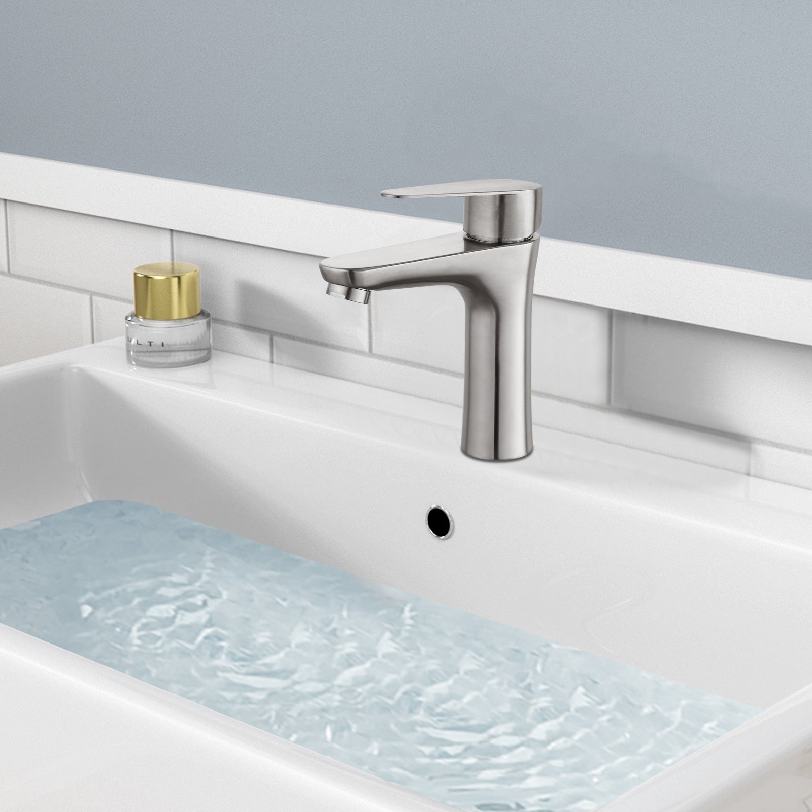 Brushed Nickel Bathroom Faucet Cold Water Only SUS304 Stainless Steel Single Handle One Hole Deck Mounted Lavatory Tap Single Switch 3/8" Hose with Male 3/8" - Female 1/2" Adapter(Drain not Included)