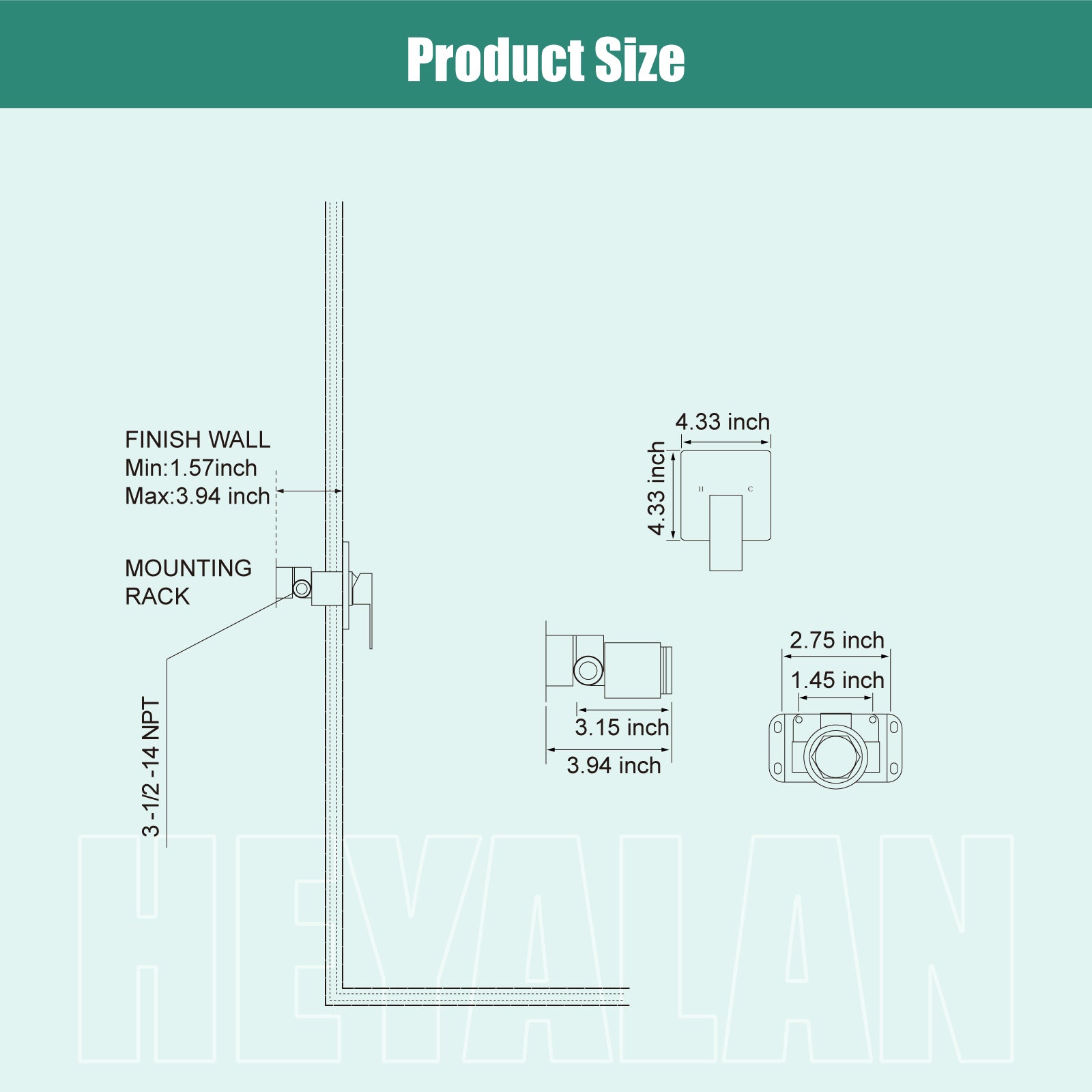 Heyalan  Square Single-Function Shower Handle Valve Shower Single Handle Valve Wall Mount Brass Faucet Shower Rough-In Valve Bathroom Trim Kit 1 Handle Tub Shower Valve Mixer Female Thread