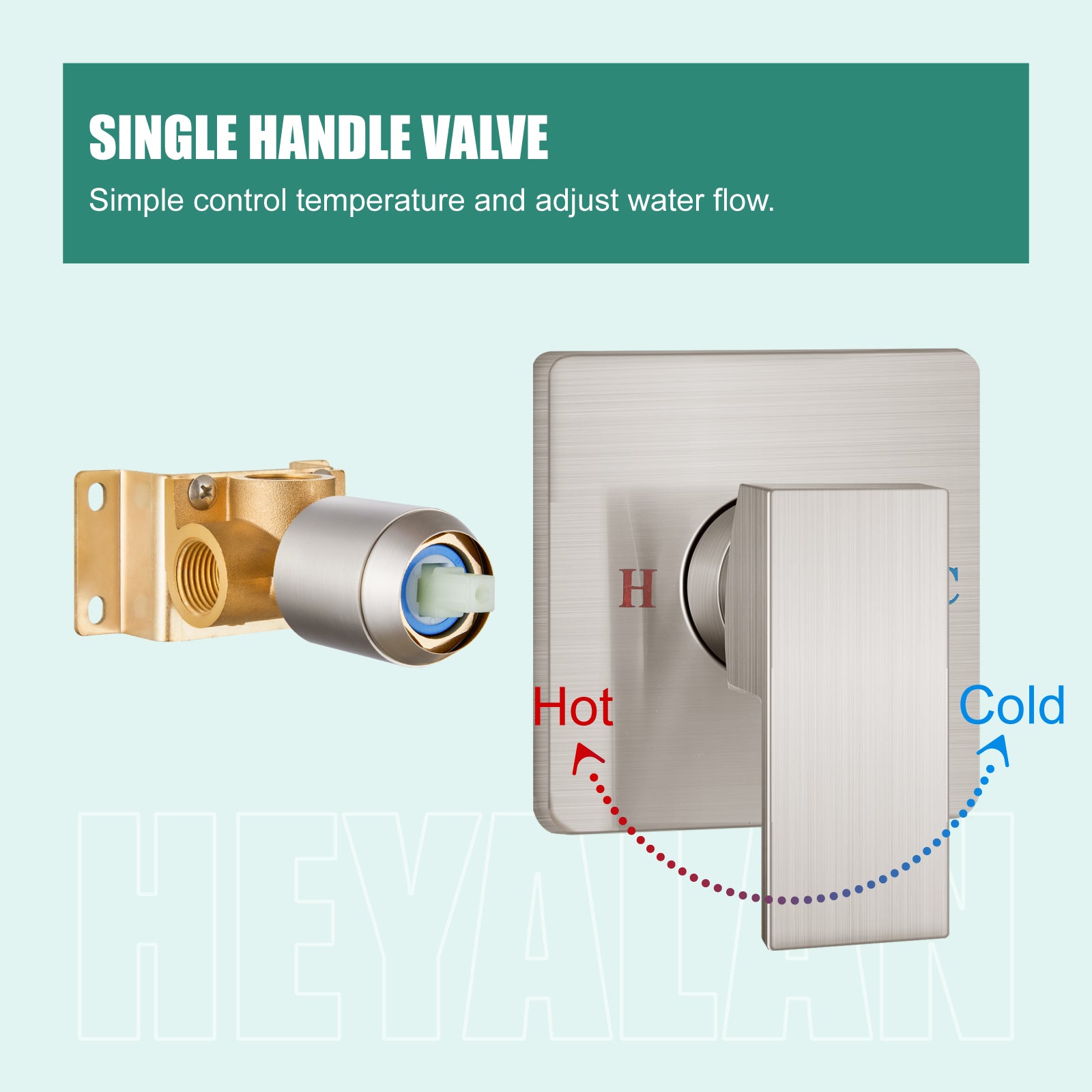 Heyalan  Square Single-Function Shower Handle Valve Shower Single Handle Valve Wall Mount Brass Faucet Shower Rough-In Valve Bathroom Trim Kit 1 Handle Tub Shower Valve Mixer Female Thread