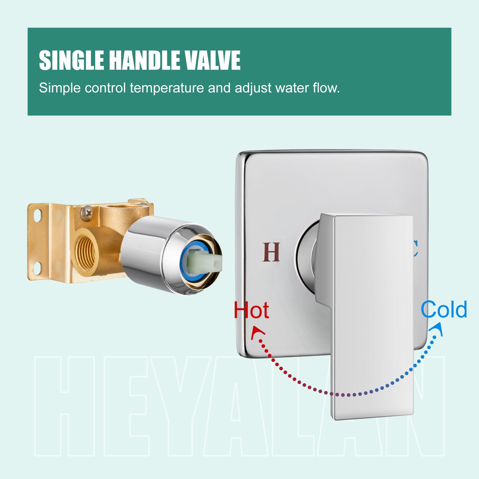 Heyalan  Square Single-Function Shower Handle Valve Shower Single Handle Valve Wall Mount Brass Faucet Shower Rough-In Valve Bathroom Trim Kit 1 Handle Tub Shower Valve Mixer Female Thread