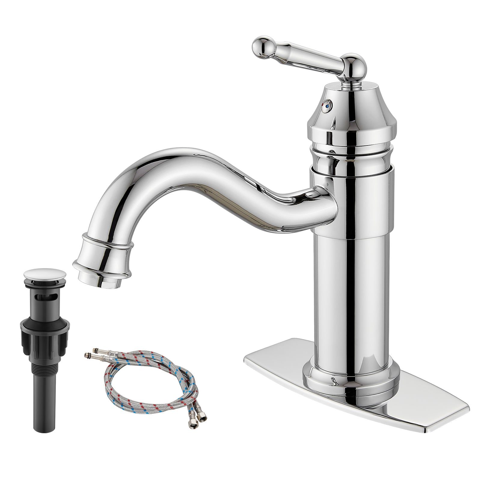 Heyalan Bathroom Sink Faucet  Deck Mount Single Hole One Handle Lavatory Assembly Brass Vanity Basin Mixer Tap Pop Up Drain Included Hot and Cold Water