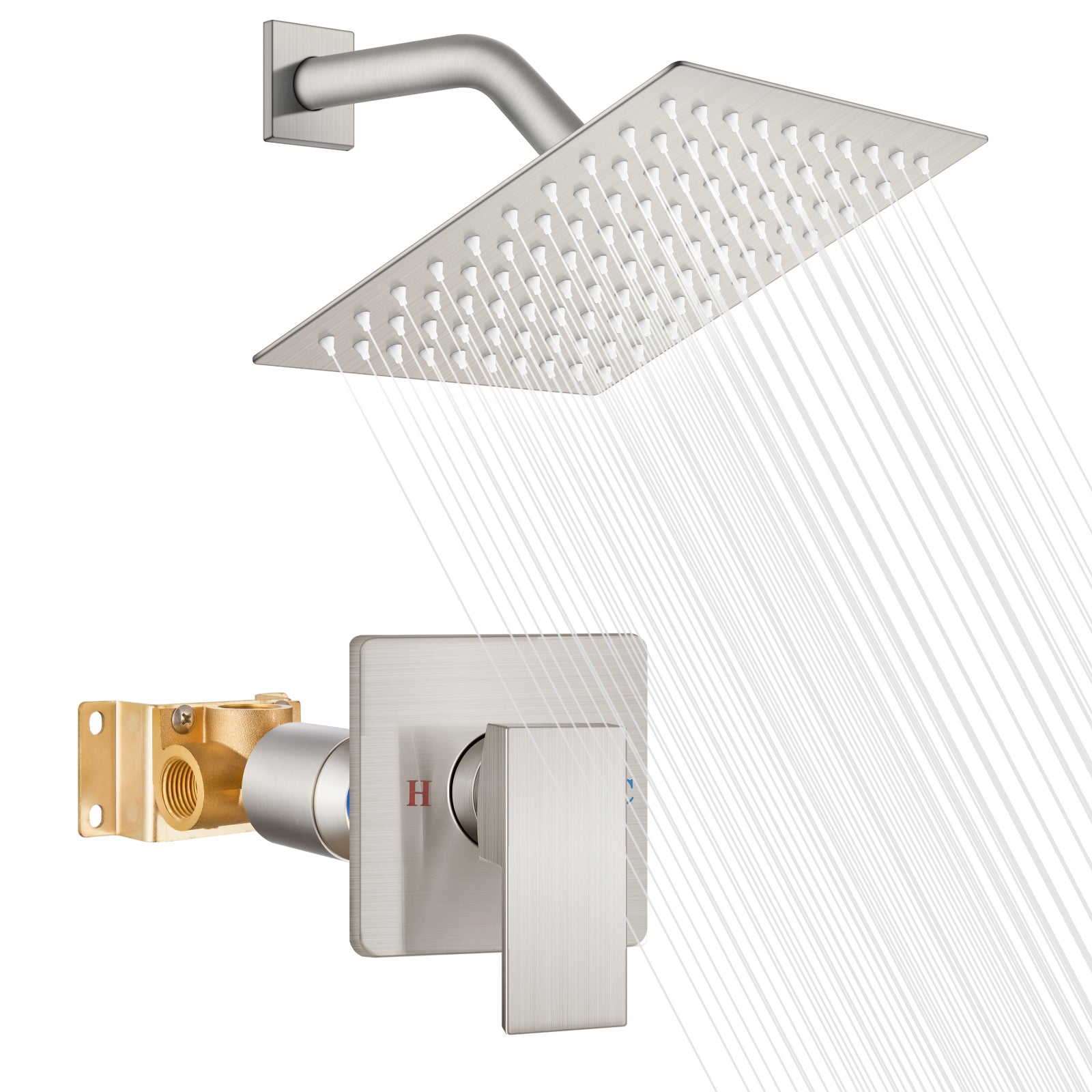 Shower Faucet Set Bathroom Rainfall Shower System Square SUS304 Stainless Steel Showerhead Single Function Shower Trim Kit 1 Handle with Rough-in Valve