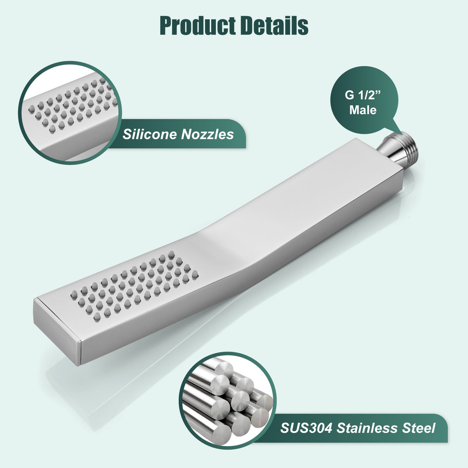 Heyalan SUS304 Stainless Steel Handheld Shower Wand Curved Single Function Handheld Shower High Pressure Luxury Hand Shower Set High Flow Rectangle Hand Shower Spray