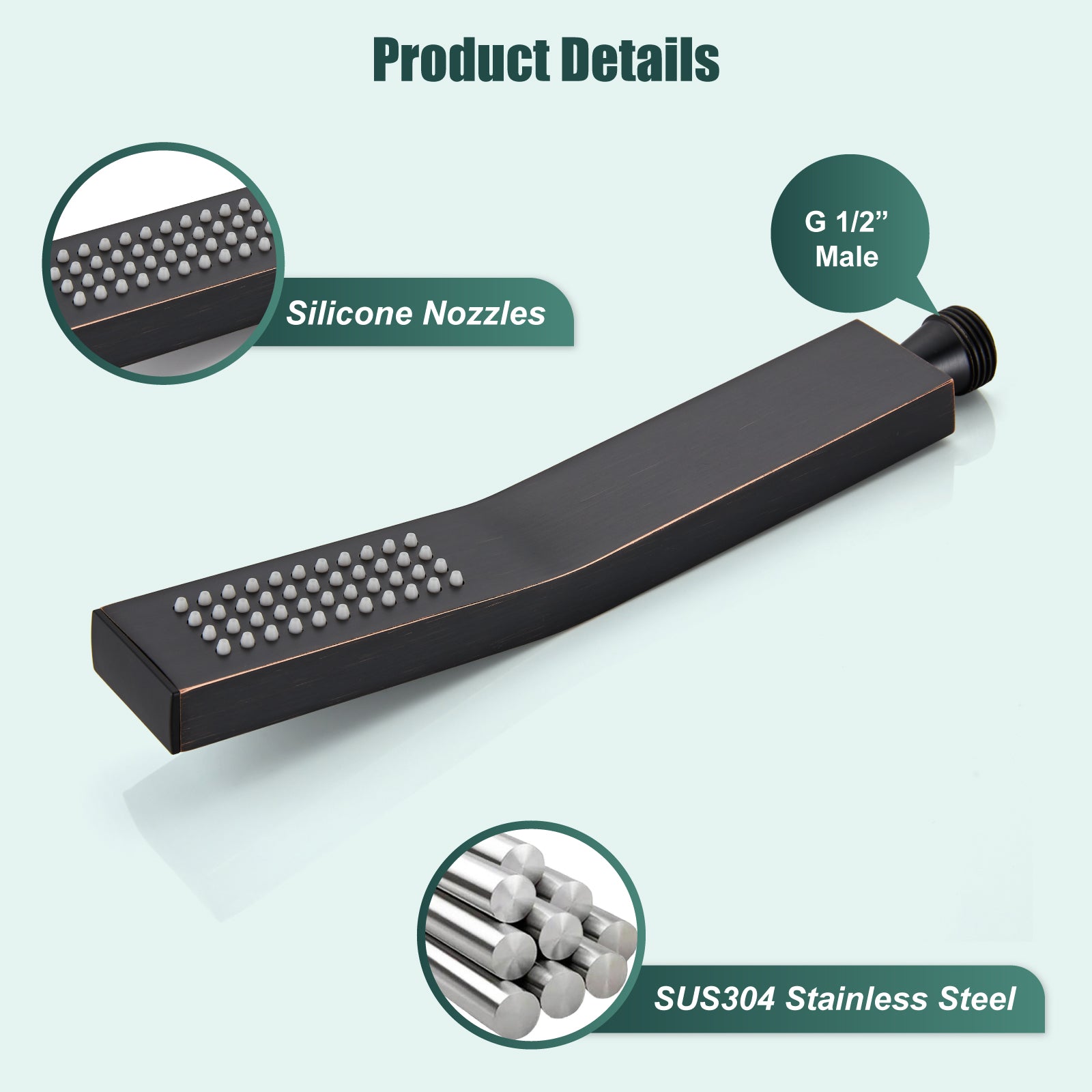 Heyalan Handheld Shower Curved High Pressure Luxury Hand SUS304 Stainless Steel Handheld Shower Wand Single Function Shower Set High Flow Rectangle Hand Shower Spray with Holder
