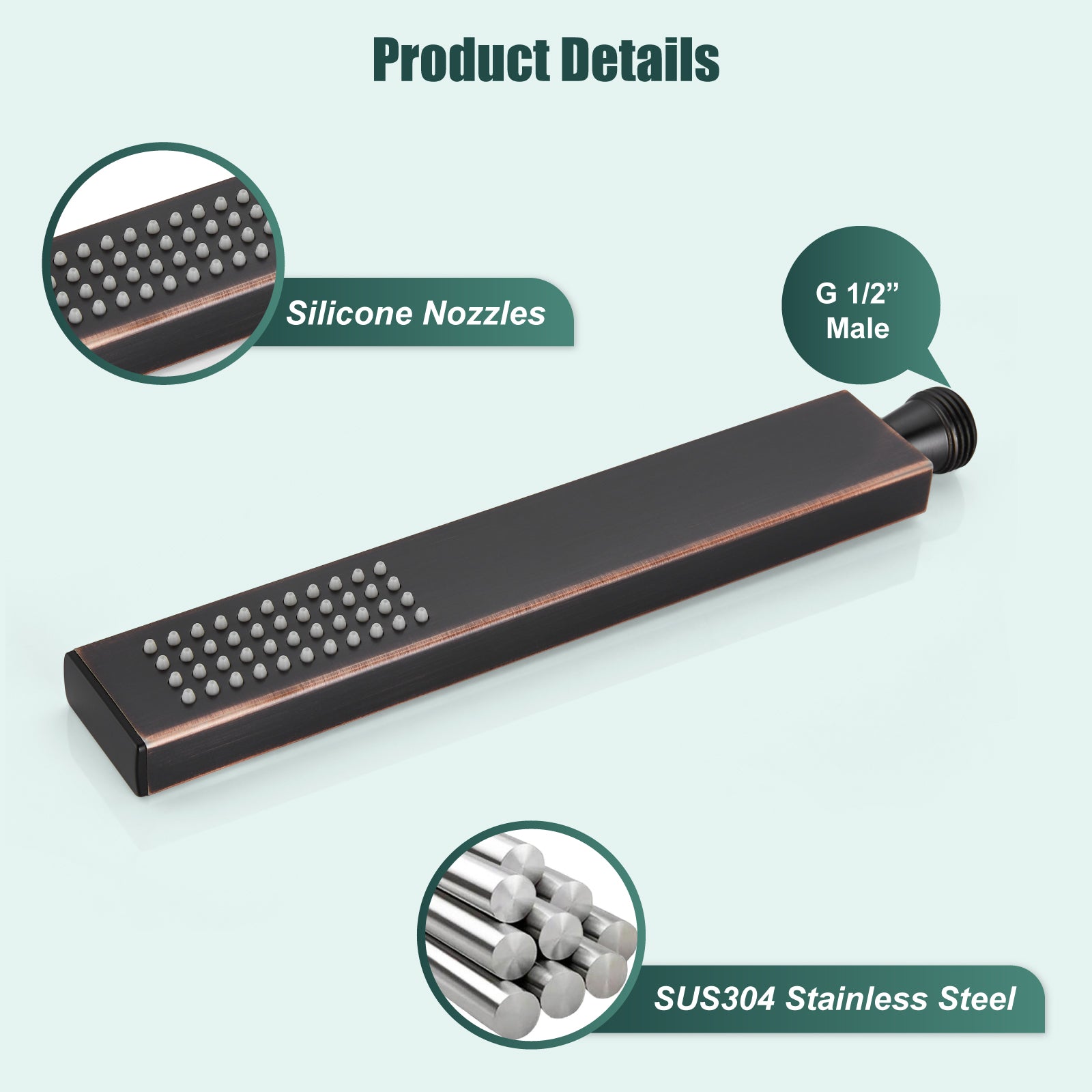 Heyalan Shower Wand SUS304 Stainless Steel Handheld Single Function Handheld Shower High Pressure Luxury Hand Shower Set High Flow Rectangle Straight Hand Shower Spray with Holder