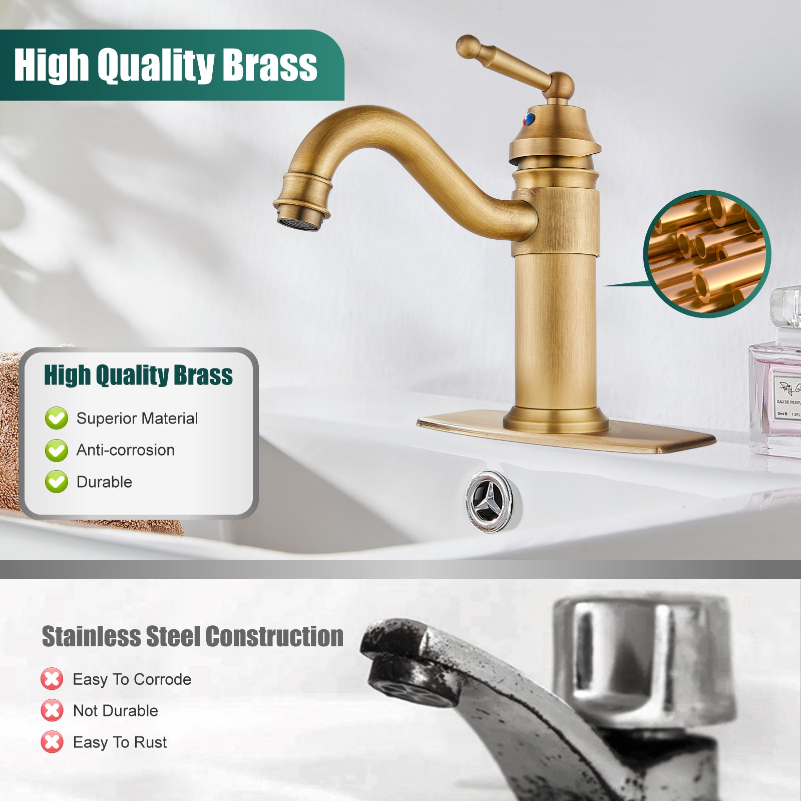 Heyalan Bathroom Sink Faucet  Deck Mount Single Hole One Handle Lavatory Assembly Brass Vanity Basin Mixer Tap Pop Up Drain Included Hot and Cold Water