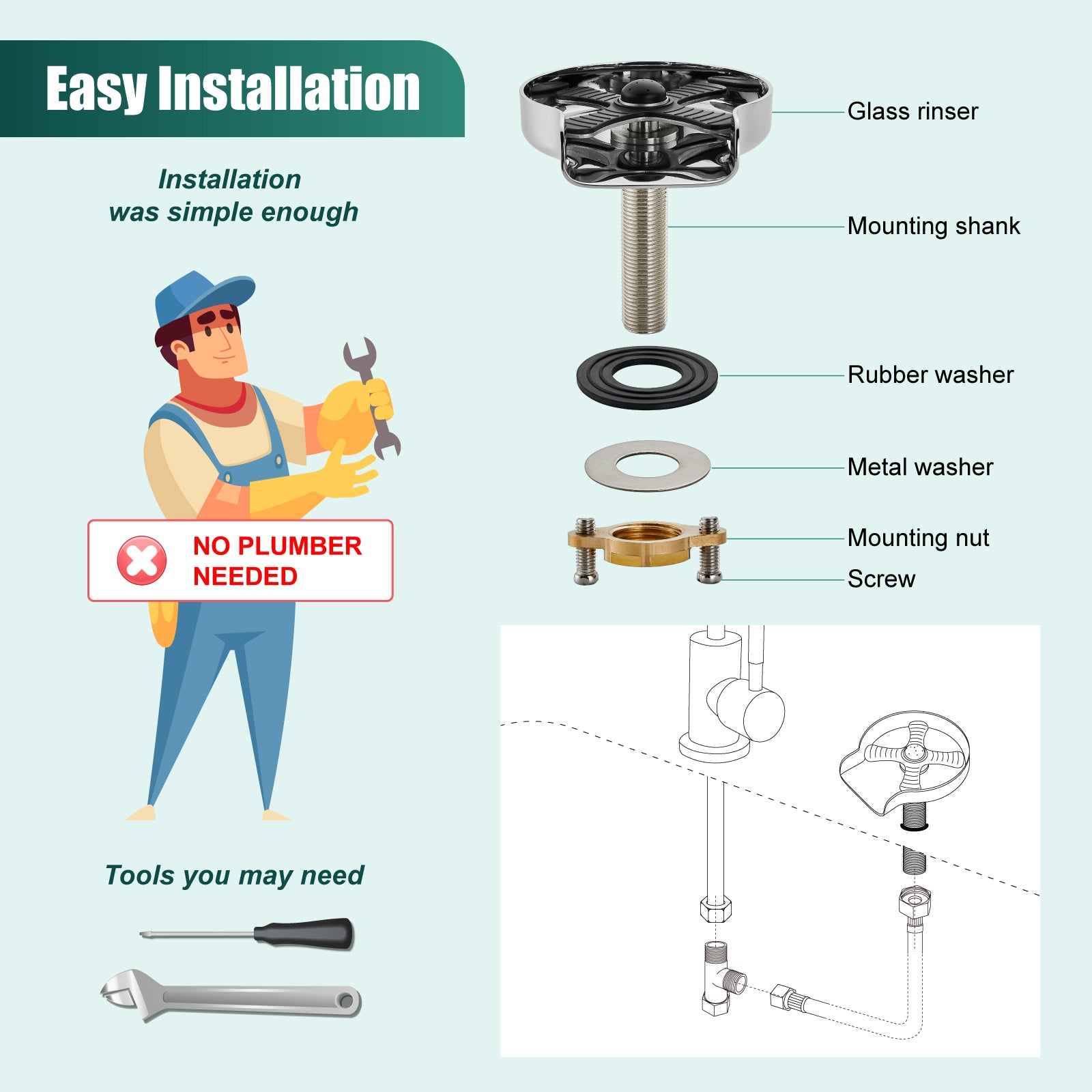 Heyalan Glass Rinser Cup Washer For Sink, Kitchen Bar Glass Washer Bottle Washer SUS304 Stainless Steel, Automatic Kitchen Sink Accessories for Wash Glass Cup Wine Cup