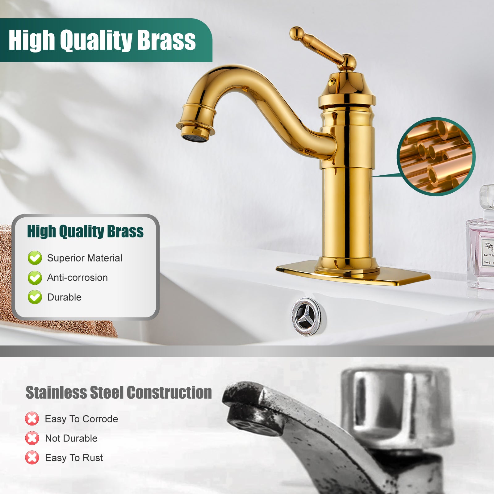 Heyalan Bathroom Sink Faucet  Deck Mount Single Hole One Handle Lavatory Assembly Brass Vanity Basin Mixer Tap Pop Up Drain Included Hot and Cold Water