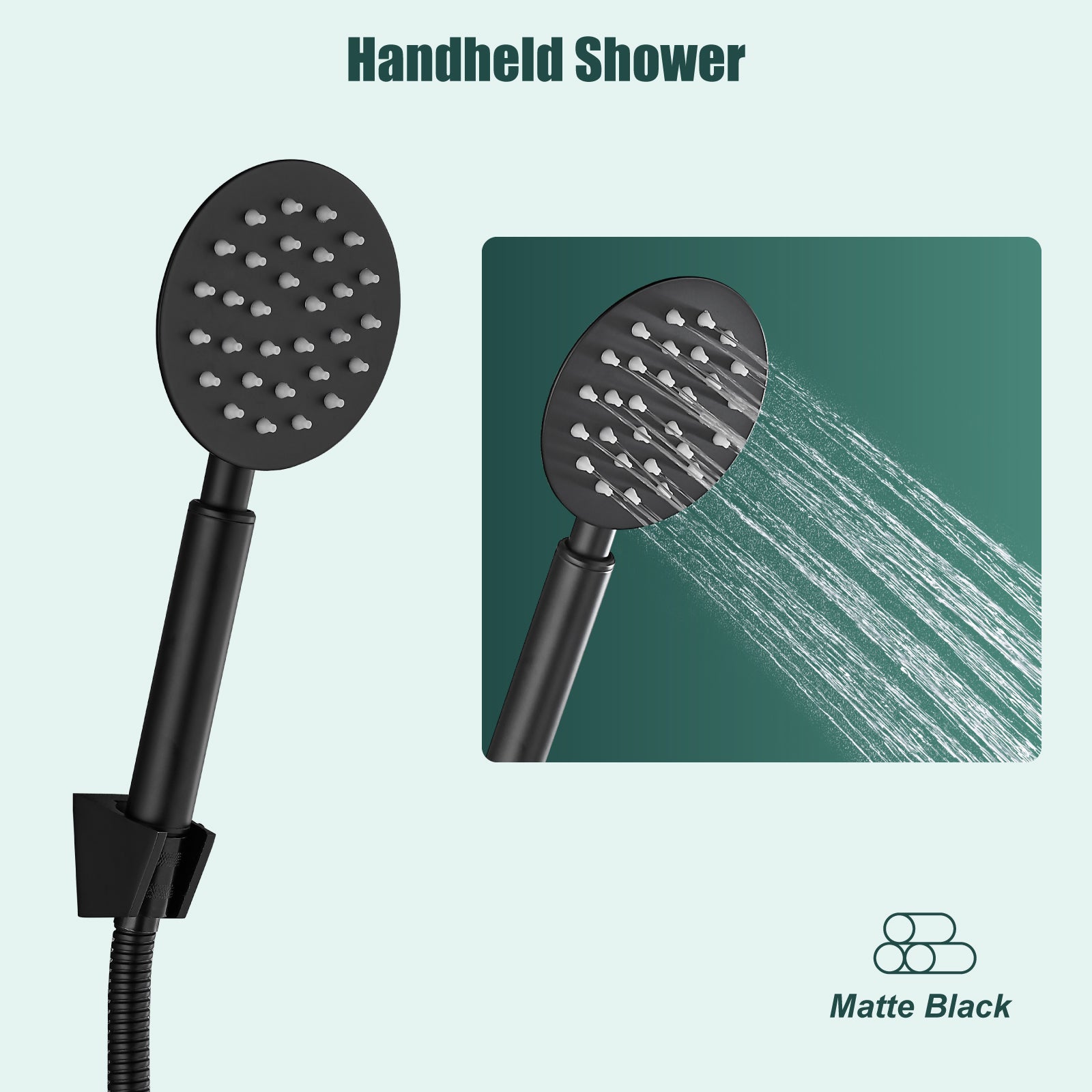 Heyalan Shower Wand Handheld Showerhead Wand Spray High Pressure Flow 1 Mode Hand Held Round SUS304 Sprayer Bathroom High Powerful Single Function Shower Head Bracket&Water Hose Include