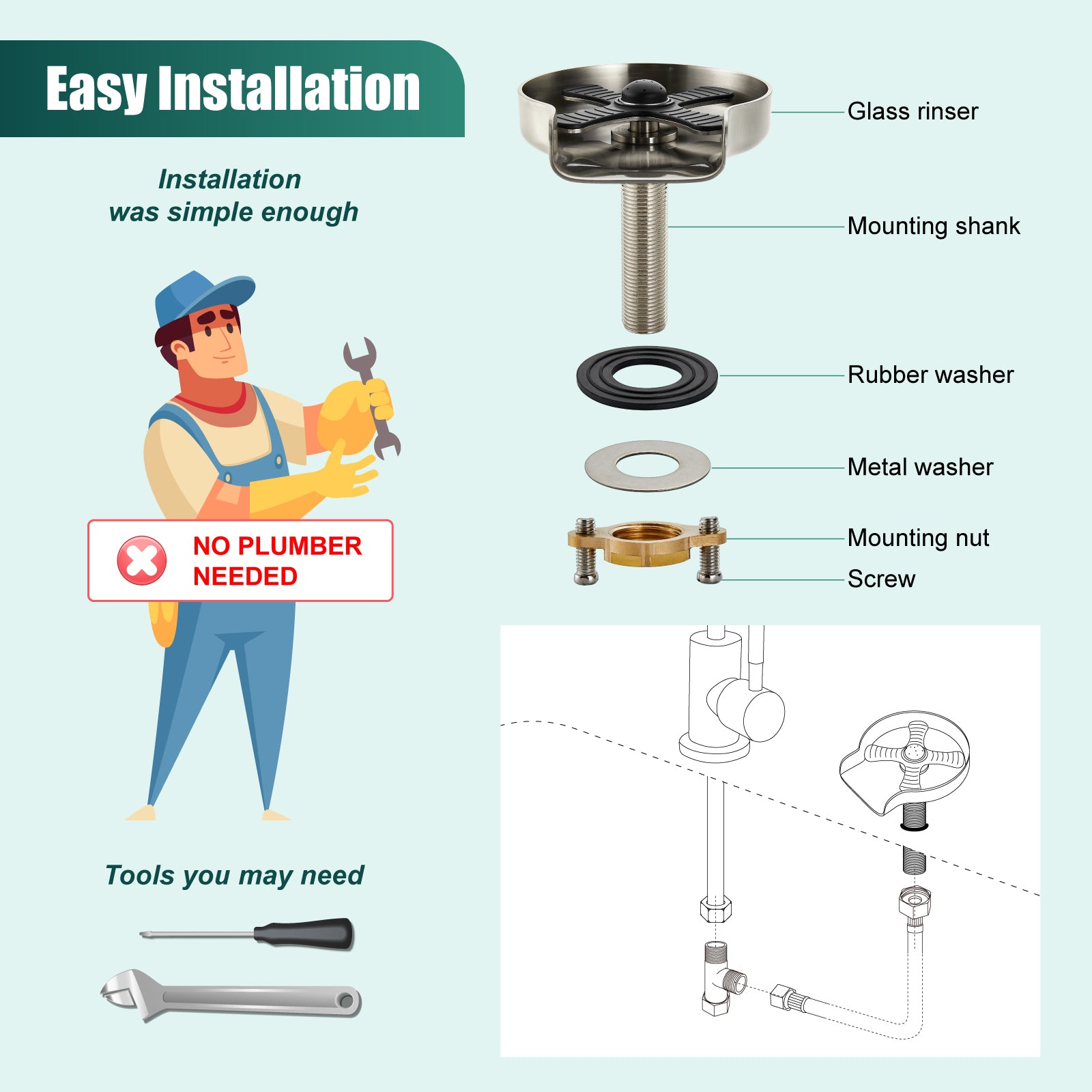 Heyalan Glass Rinser Cup Washer For Sink, Kitchen Bar Glass Washer Bottle Washer SUS304 Stainless Steel, Automatic Kitchen Sink Accessories for Wash Glass Cup Wine Cup