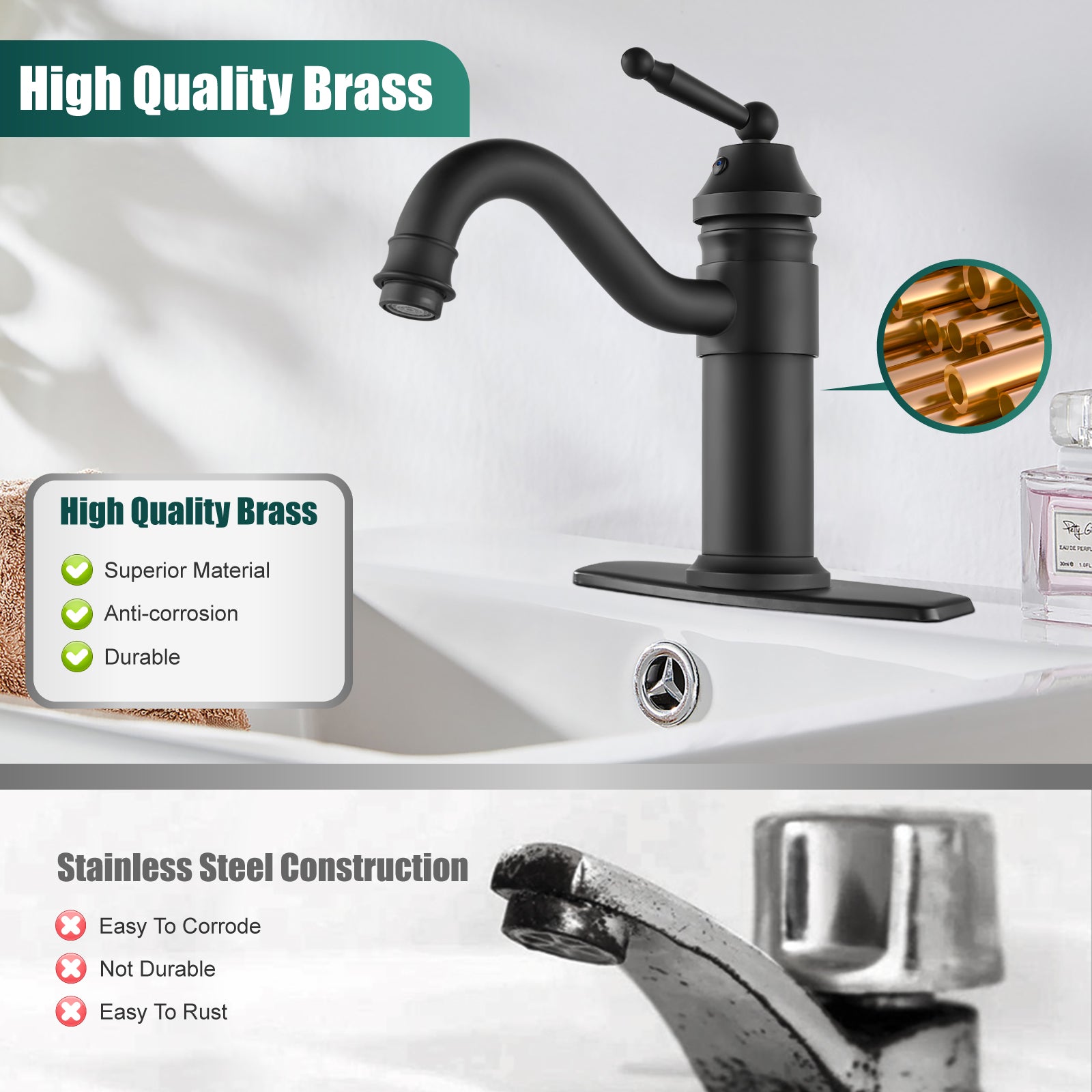 Heyalan Bathroom Sink Faucet  Deck Mount Single Hole One Handle Lavatory Assembly Brass Vanity Basin Mixer Tap Pop Up Drain Included Hot and Cold Water