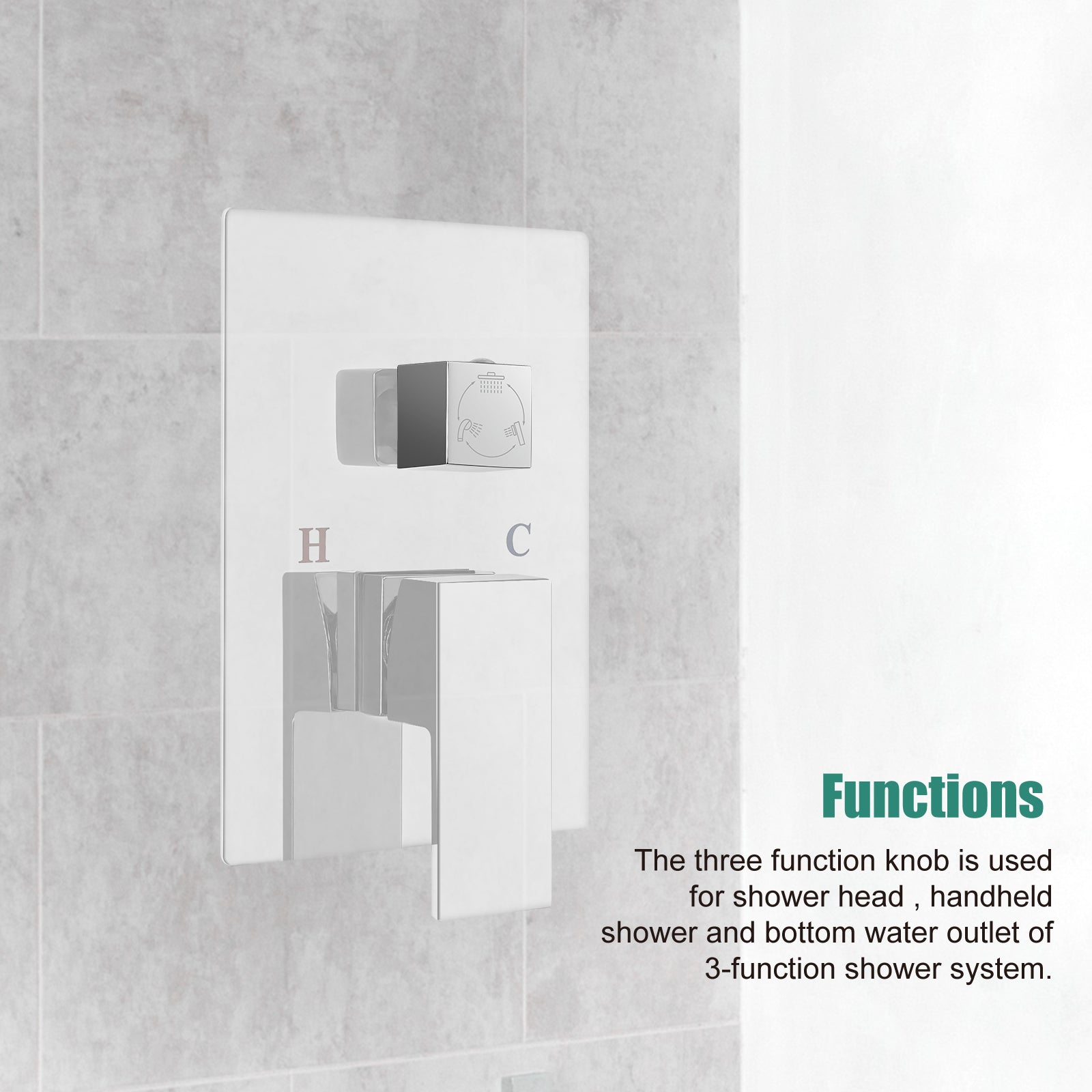 Heyalan Shower Diverter Knob 3 functions Shower Water Flow Converter Square