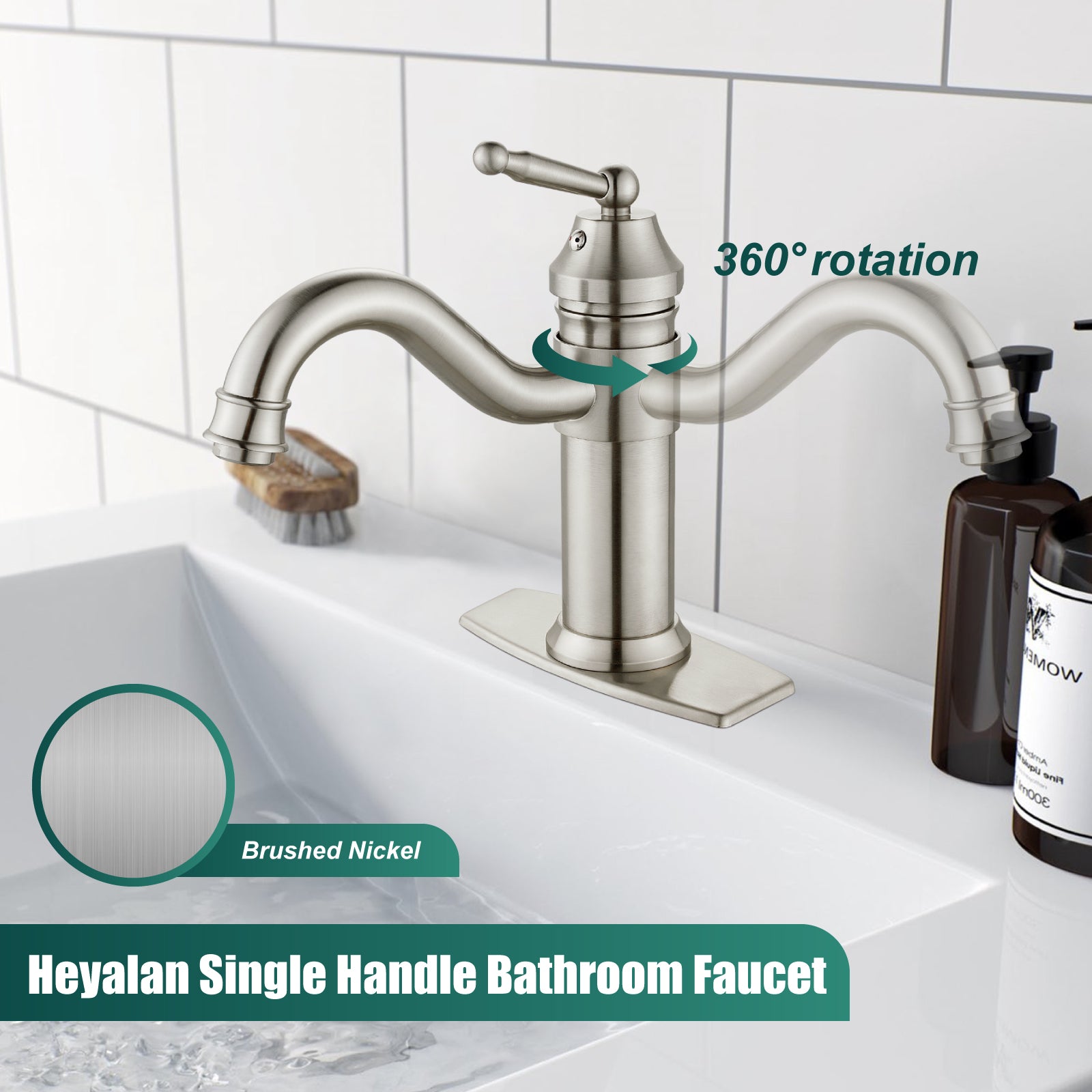 Heyalan Bathroom Sink Faucet  Deck Mount Single Hole One Handle Lavatory Assembly Brass Vanity Basin Mixer Tap Pop Up Drain Included Hot and Cold Water