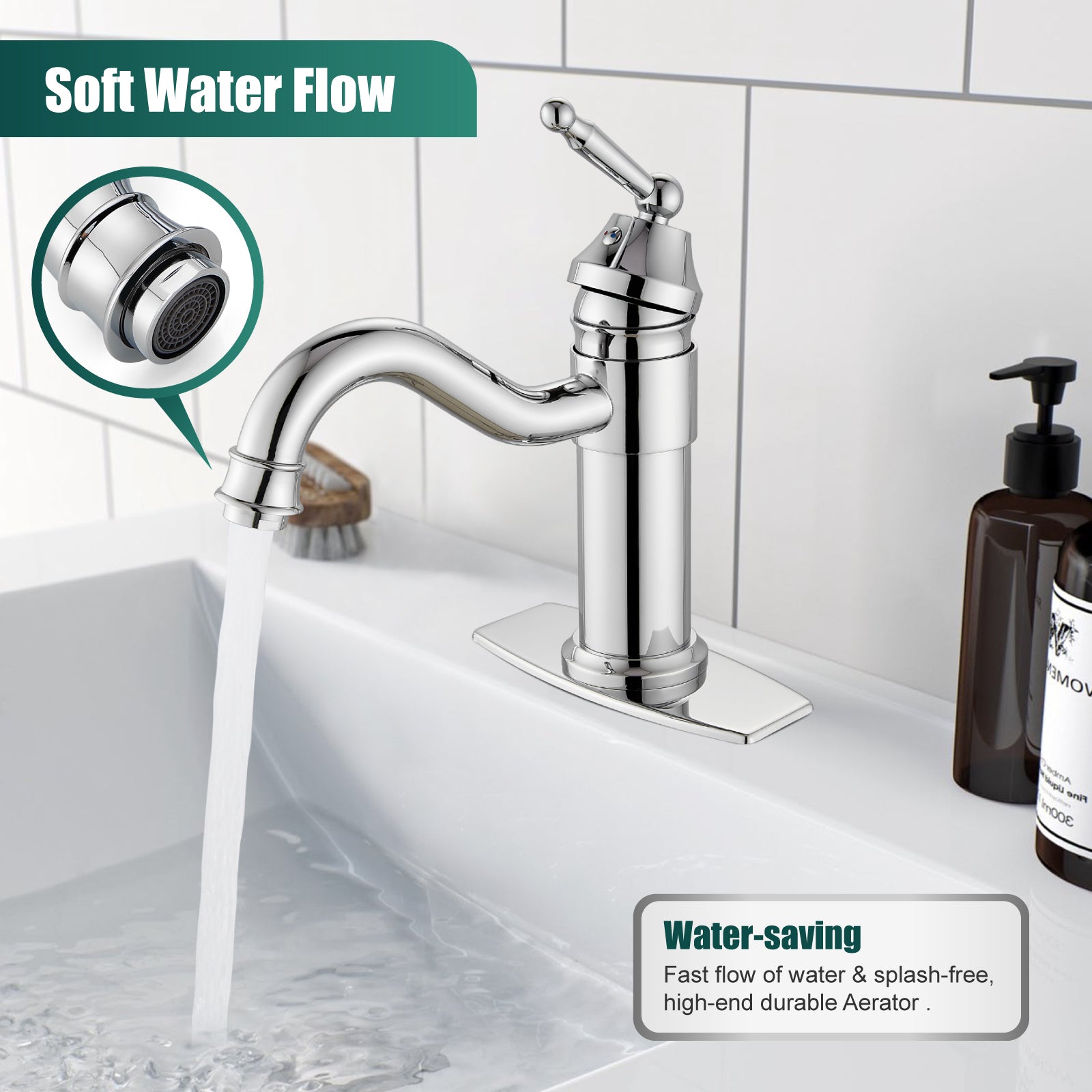 Heyalan Bathroom Sink Faucet  Deck Mount Single Hole One Handle Lavatory Assembly Brass Vanity Basin Mixer Tap Pop Up Drain Included Hot and Cold Water