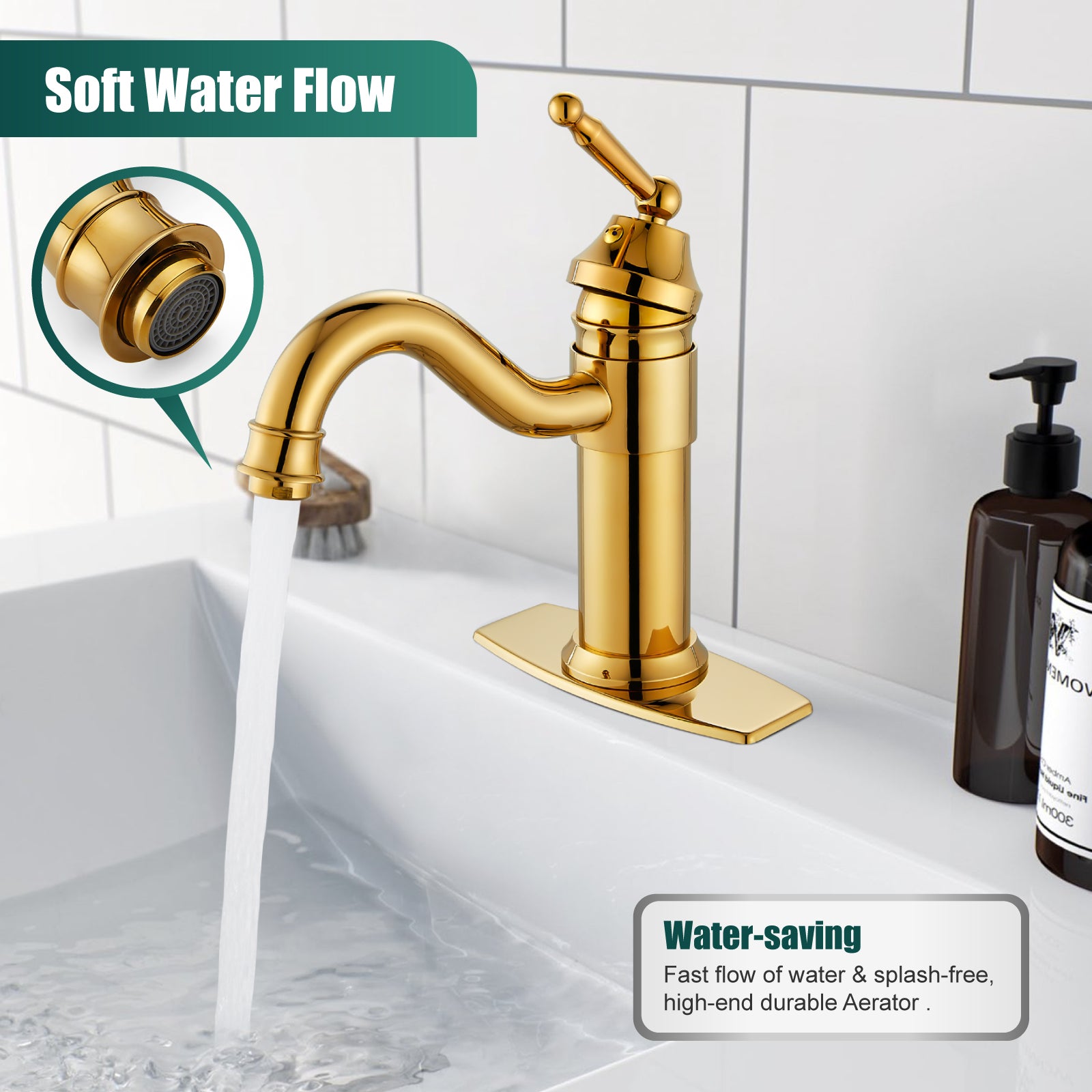 Heyalan Bathroom Sink Faucet  Deck Mount Single Hole One Handle Lavatory Assembly Brass Vanity Basin Mixer Tap Pop Up Drain Included Hot and Cold Water