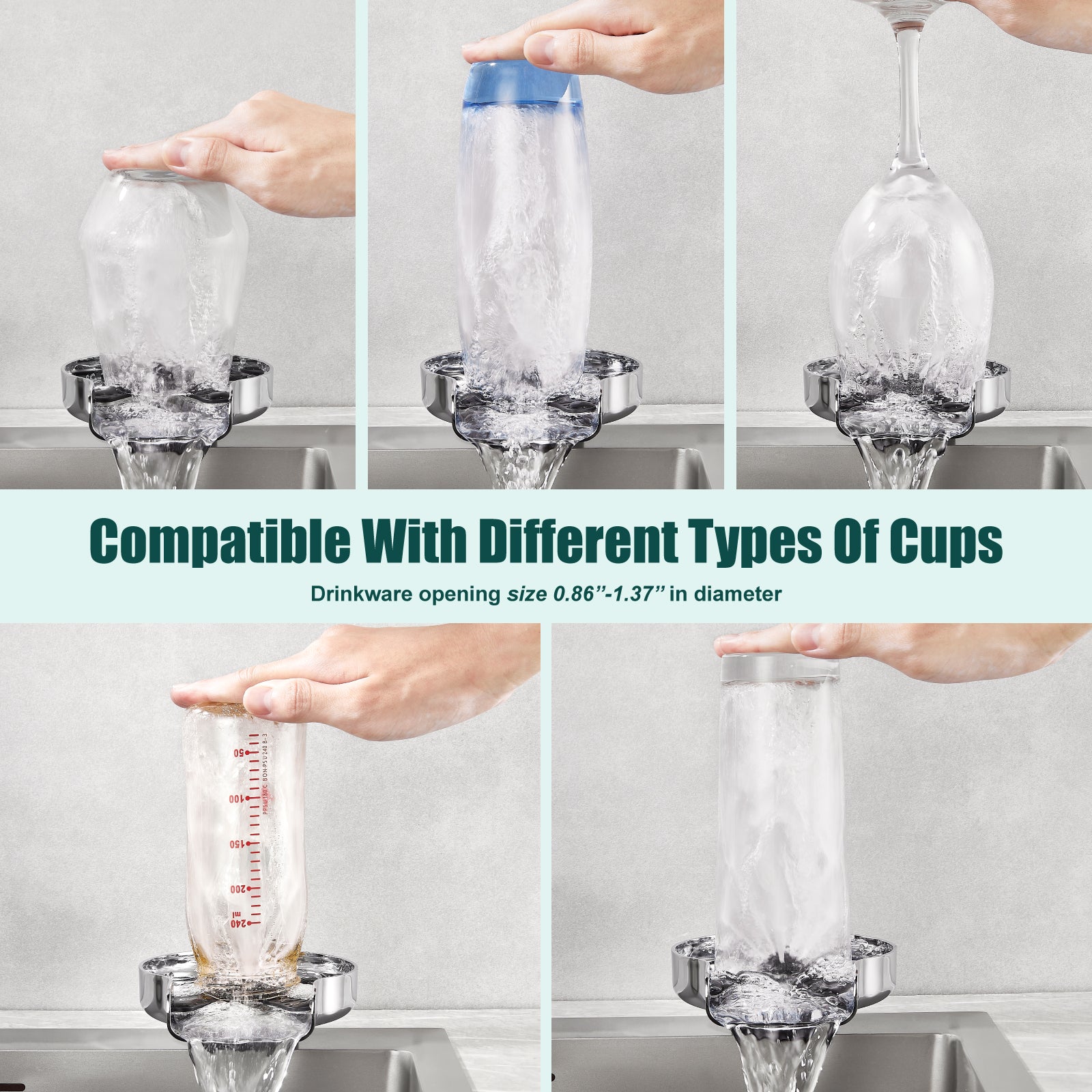 Heyalan Glass Rinser Cup Washer For Sink, Kitchen Bar Glass Washer Bottle Washer SUS304 Stainless Steel, Automatic Kitchen Sink Accessories for Wash Glass Cup Wine Cup