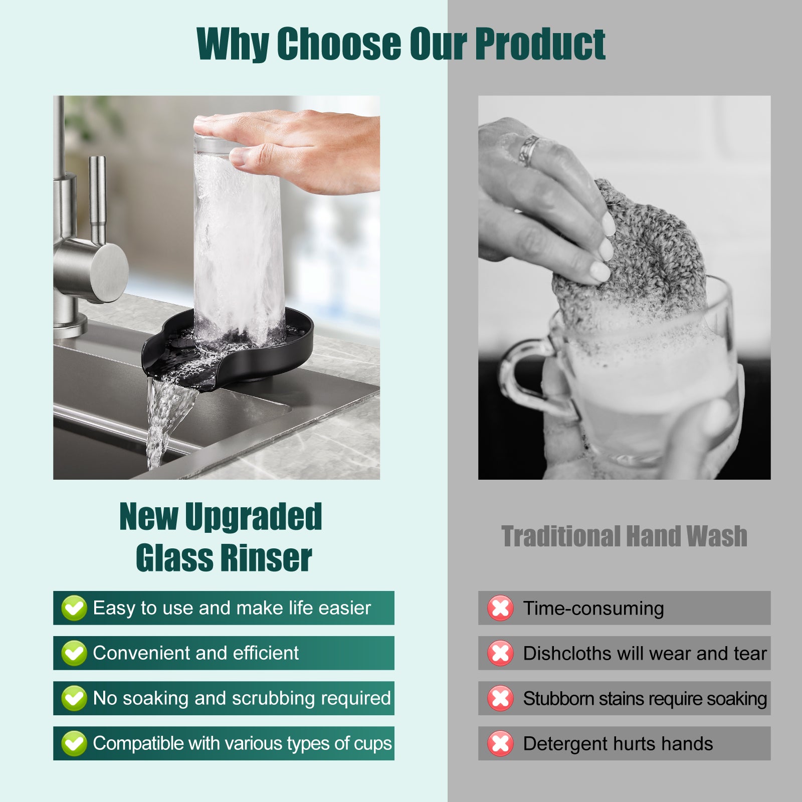Heyalan Glass Rinser Cup Washer For Sink, Kitchen Bar Glass Washer Bottle Washer SUS304 Stainless Steel, Automatic Kitchen Sink Accessories for Wash Glass Cup Wine Cup