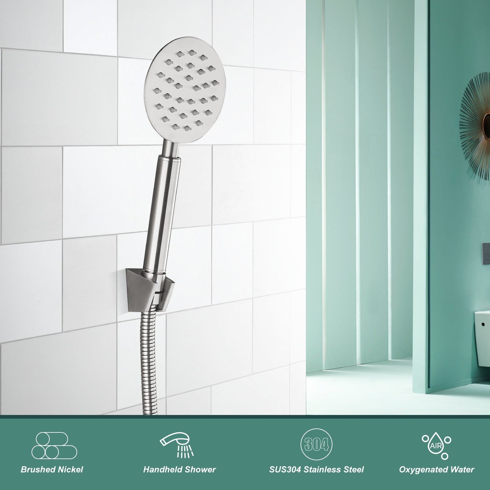 Heyalan Shower Wand Handheld Showerhead Wand Spray High Pressure Flow 1 Mode Hand Held Round SUS304 Sprayer Bathroom High Powerful Single Function Shower Head Bracket&Water Hose Include