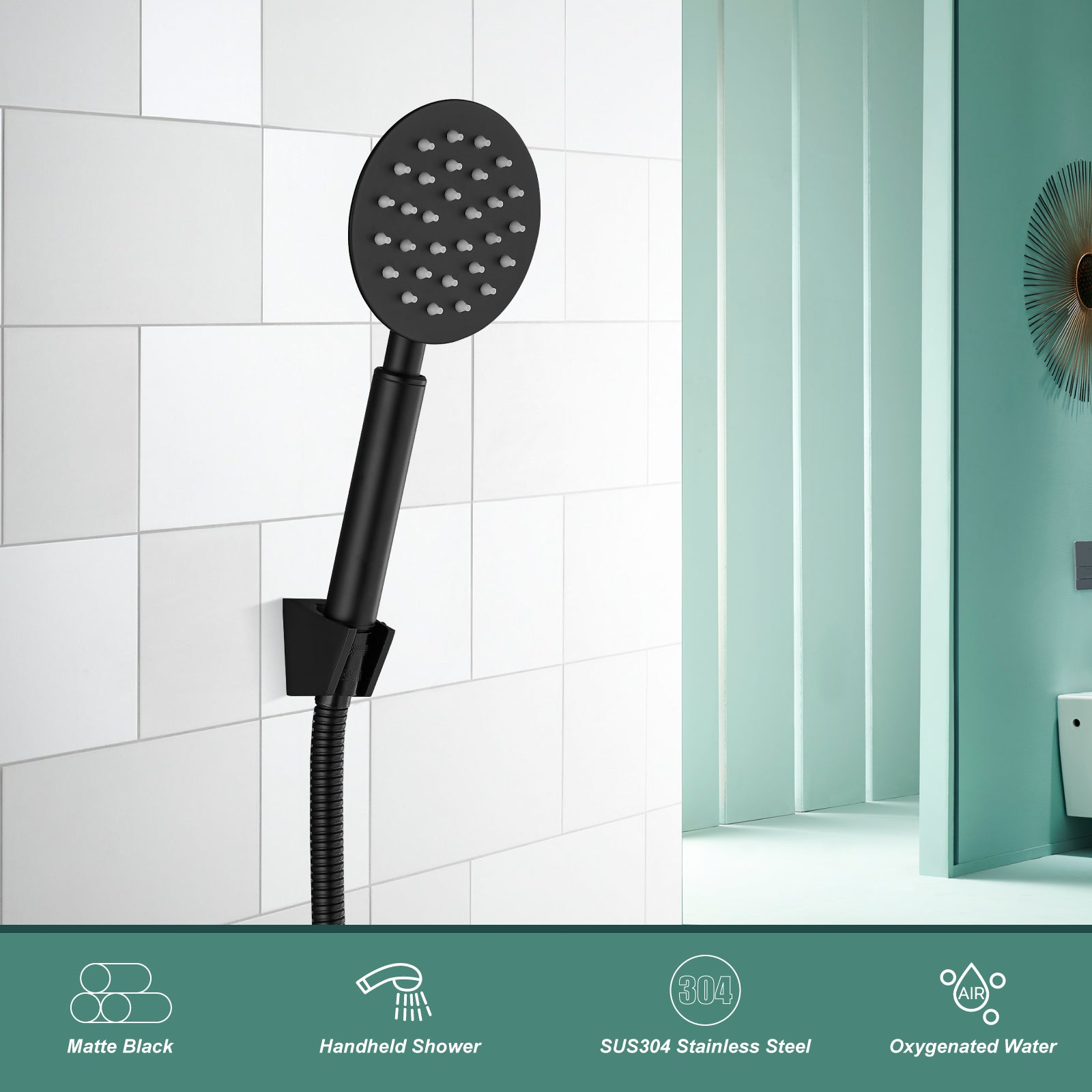 Heyalan Shower Wand Handheld Showerhead Wand Spray High Pressure Flow 1 Mode Hand Held Round SUS304 Sprayer Bathroom High Powerful Single Function Shower Head Bracket&Water Hose Include