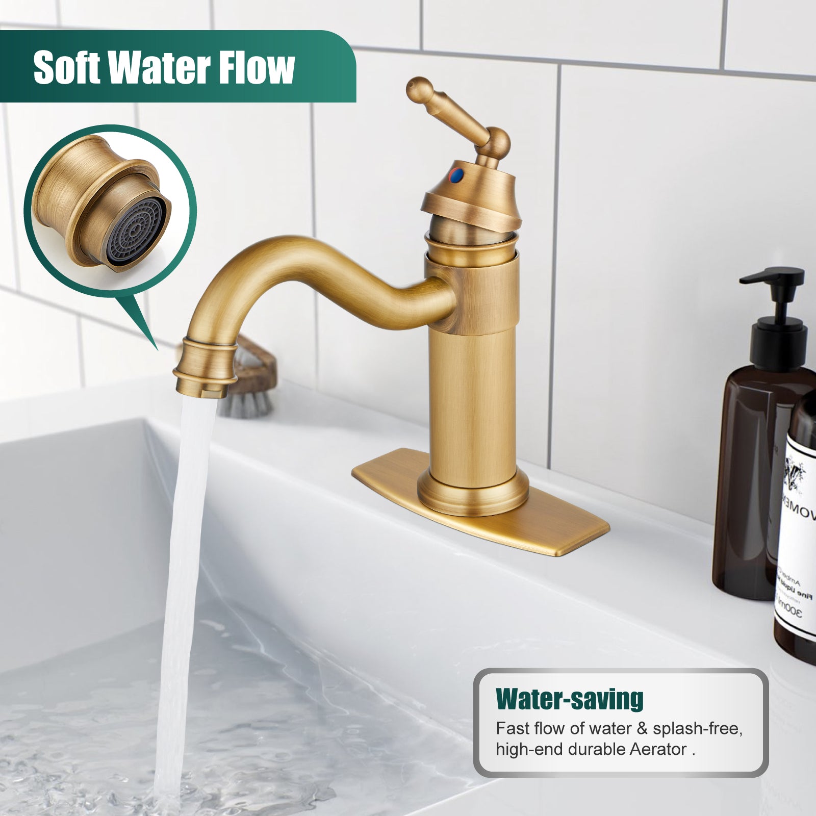 Heyalan Bathroom Sink Faucet  Deck Mount Single Hole One Handle Lavatory Assembly Brass Vanity Basin Mixer Tap Pop Up Drain Included Hot and Cold Water