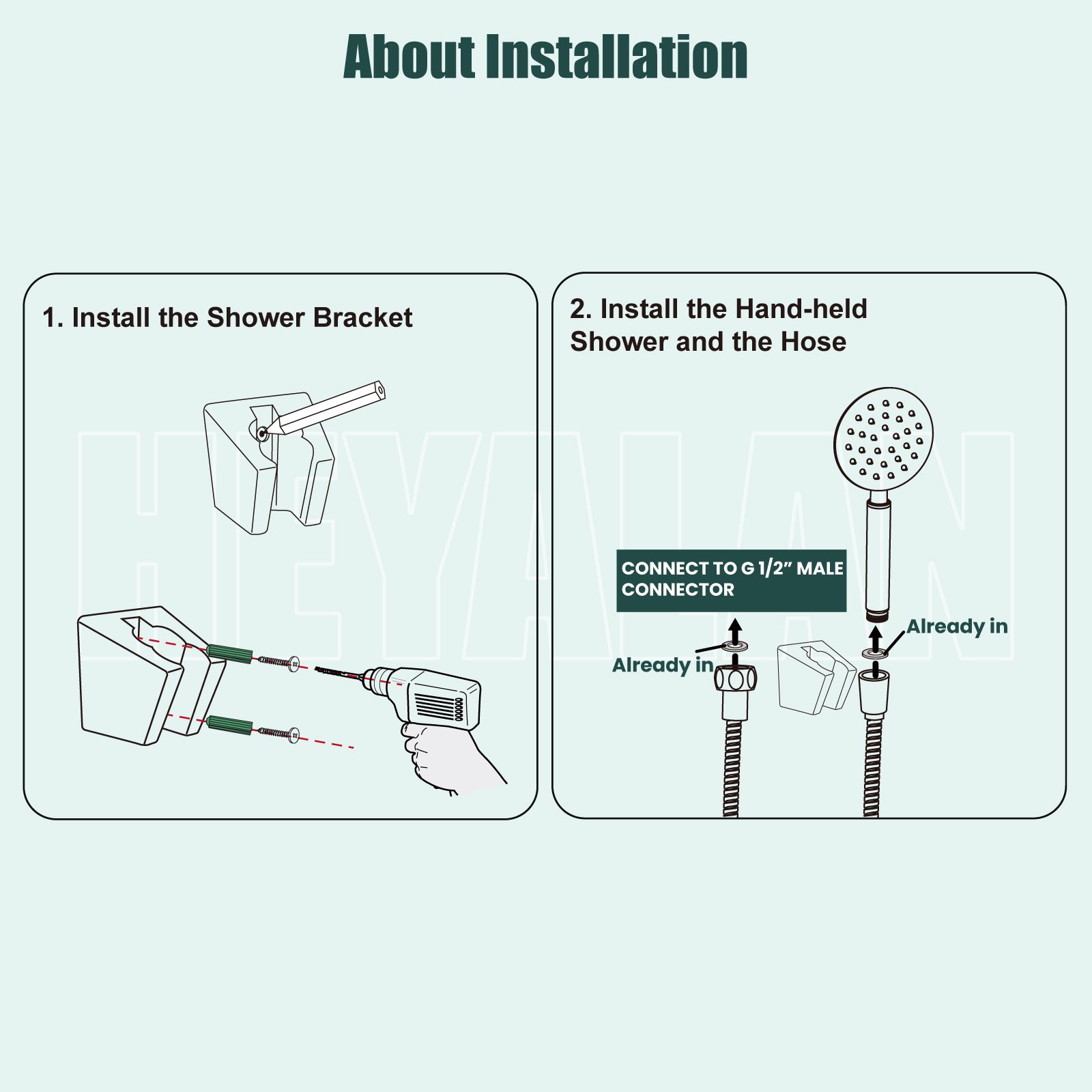 Heyalan Shower Wand Handheld Showerhead Wand Spray High Pressure Flow 1 Mode Hand Held Round SUS304 Sprayer Bathroom High Powerful Single Function Shower Head Bracket&Water Hose Include