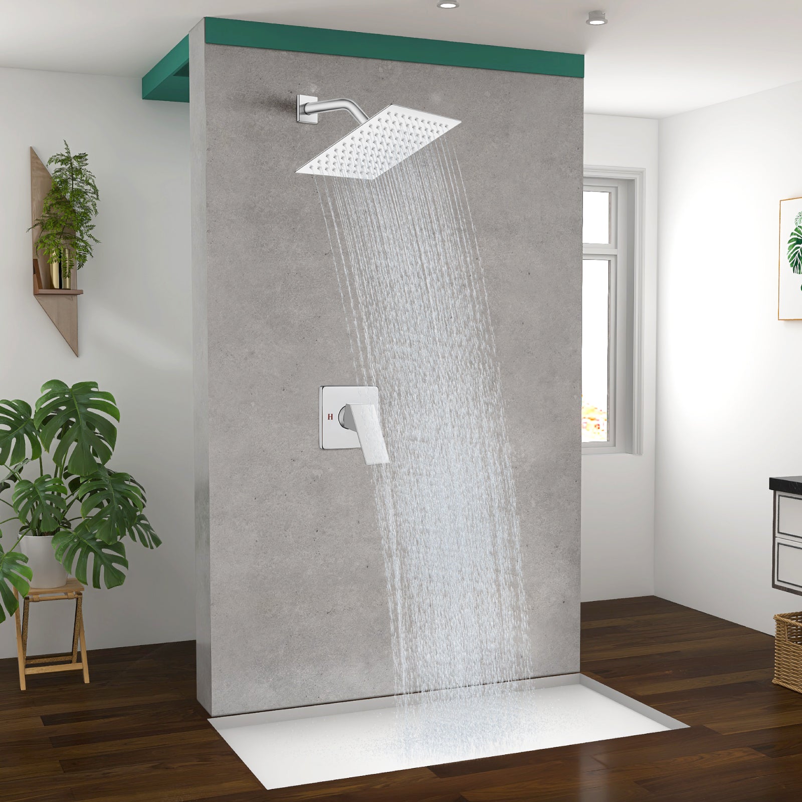 Shower Faucet Set Bathroom Rainfall Shower System Square SUS304 Stainless Steel Showerhead Single Function Shower Trim Kit 1 Handle with Rough-in Valve
