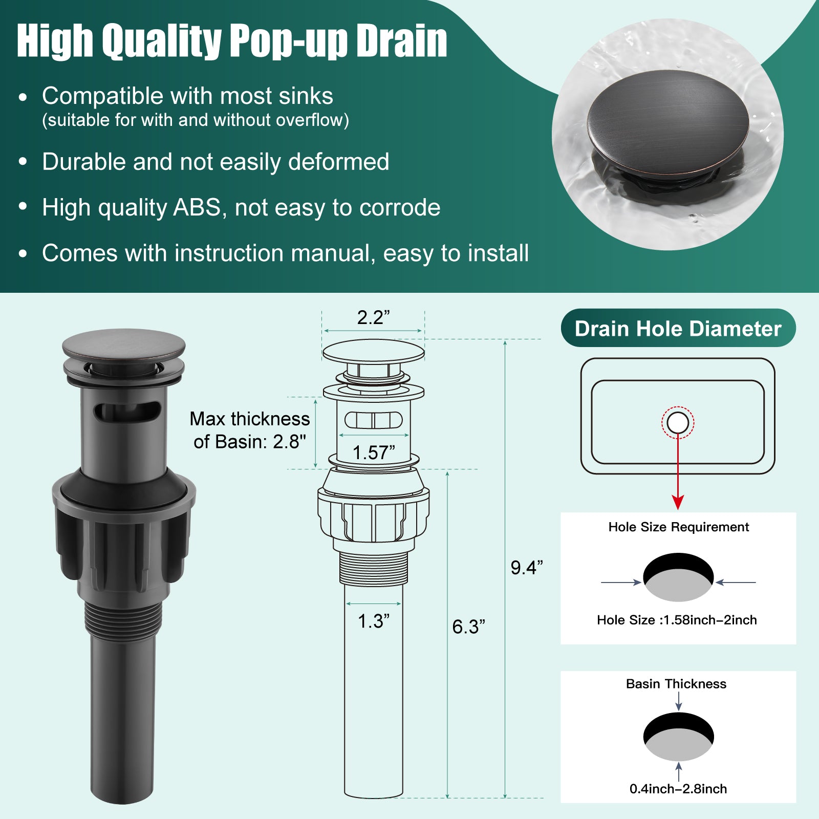 Heyalan Bathroom Sink Faucet  Deck Mount Single Hole One Handle Lavatory Assembly Brass Vanity Basin Mixer Tap Pop Up Drain Included Hot and Cold Water