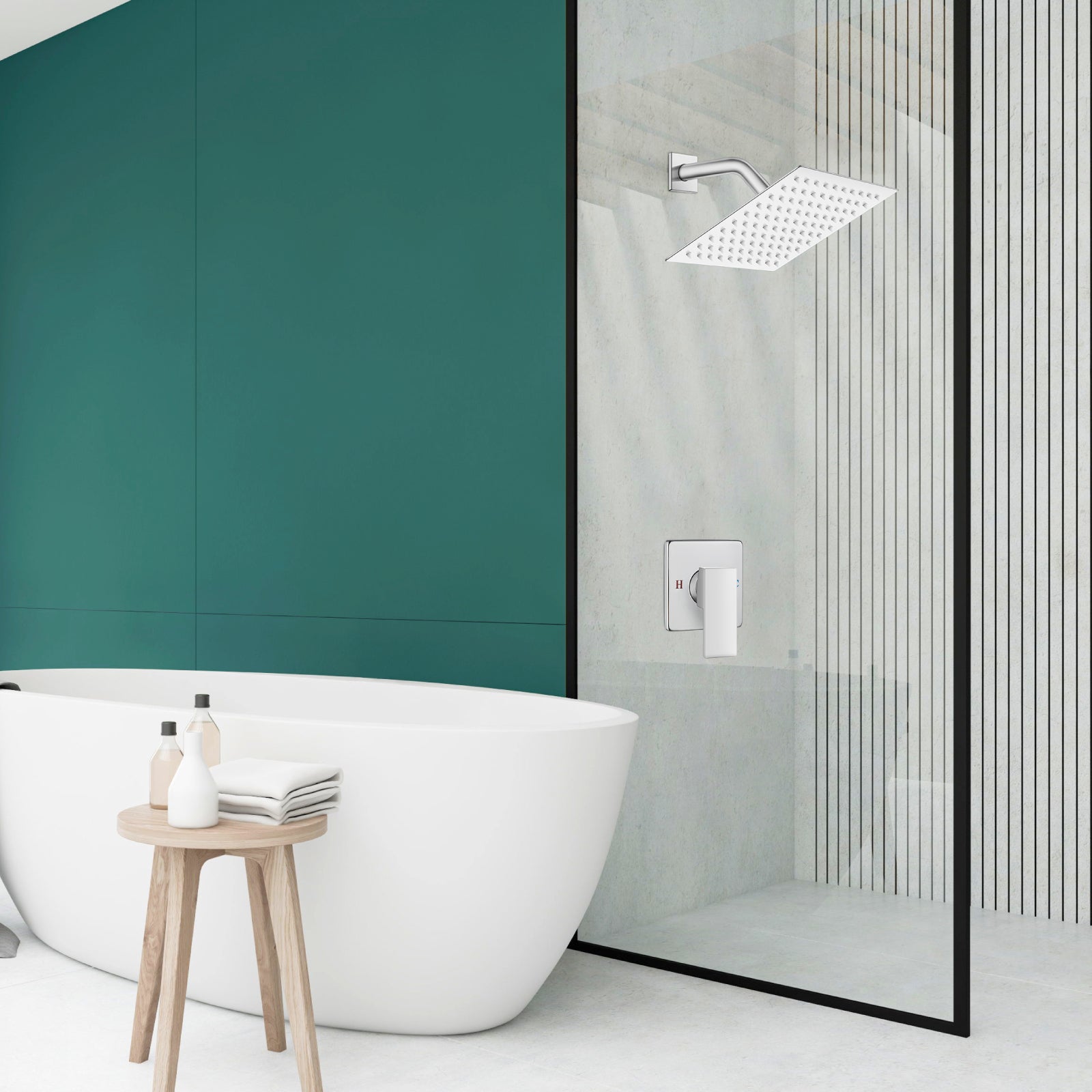 Shower Faucet Set Bathroom Rainfall Shower System Square SUS304 Stainless Steel Showerhead Single Function Shower Trim Kit 1 Handle with Rough-in Valve