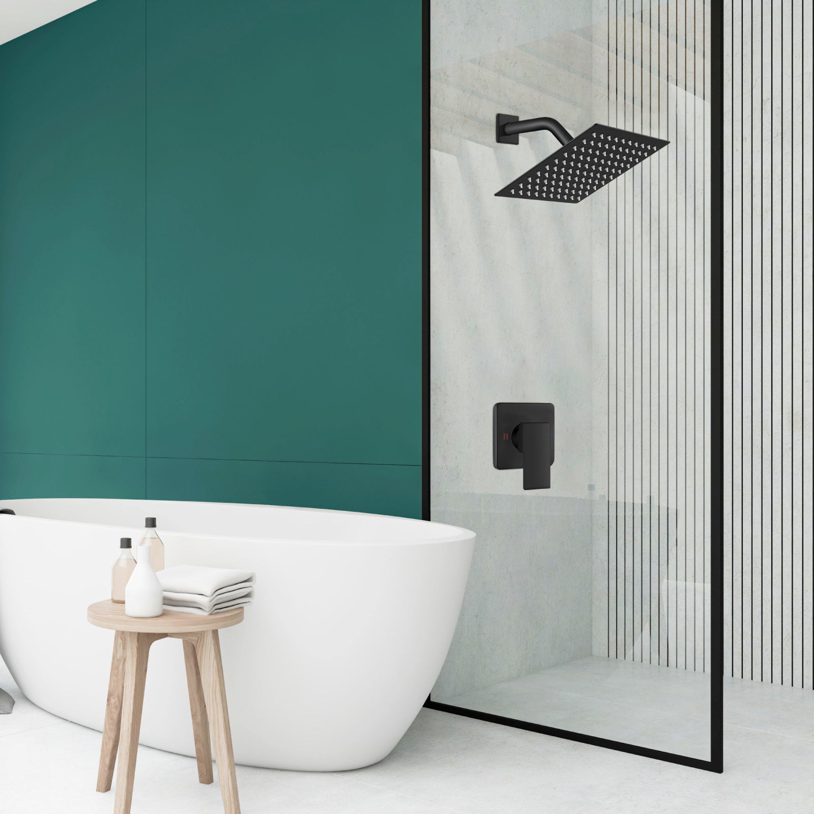Shower Faucet Set Bathroom Rainfall Shower System Square SUS304 Stainless Steel Showerhead Single Function Shower Trim Kit 1 Handle with Rough-in Valve