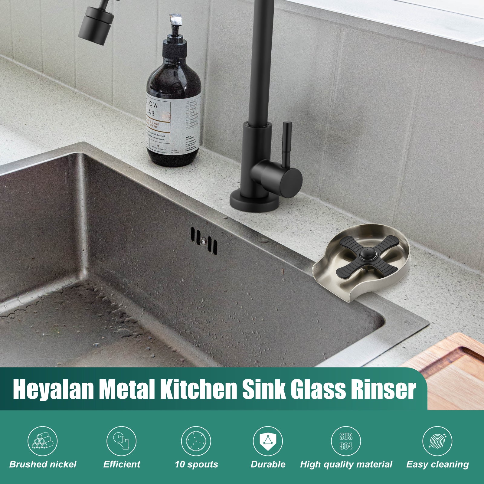 Heyalan Glass Rinser Cup Washer For Sink, Kitchen Bar Glass Washer Bottle Washer SUS304 Stainless Steel, Automatic Kitchen Sink Accessories for Wash Glass Cup Wine Cup