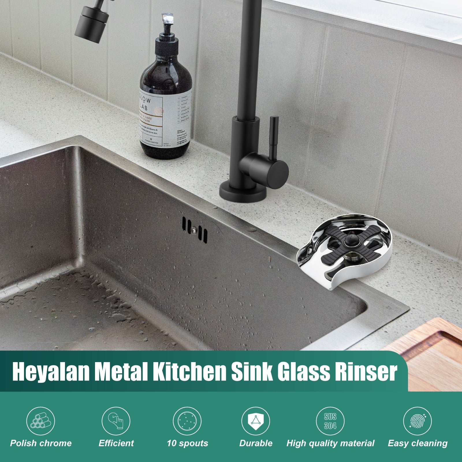 Heyalan Glass Rinser Cup Washer For Sink, Kitchen Bar Glass Washer Bottle Washer SUS304 Stainless Steel, Automatic Kitchen Sink Accessories for Wash Glass Cup Wine Cup