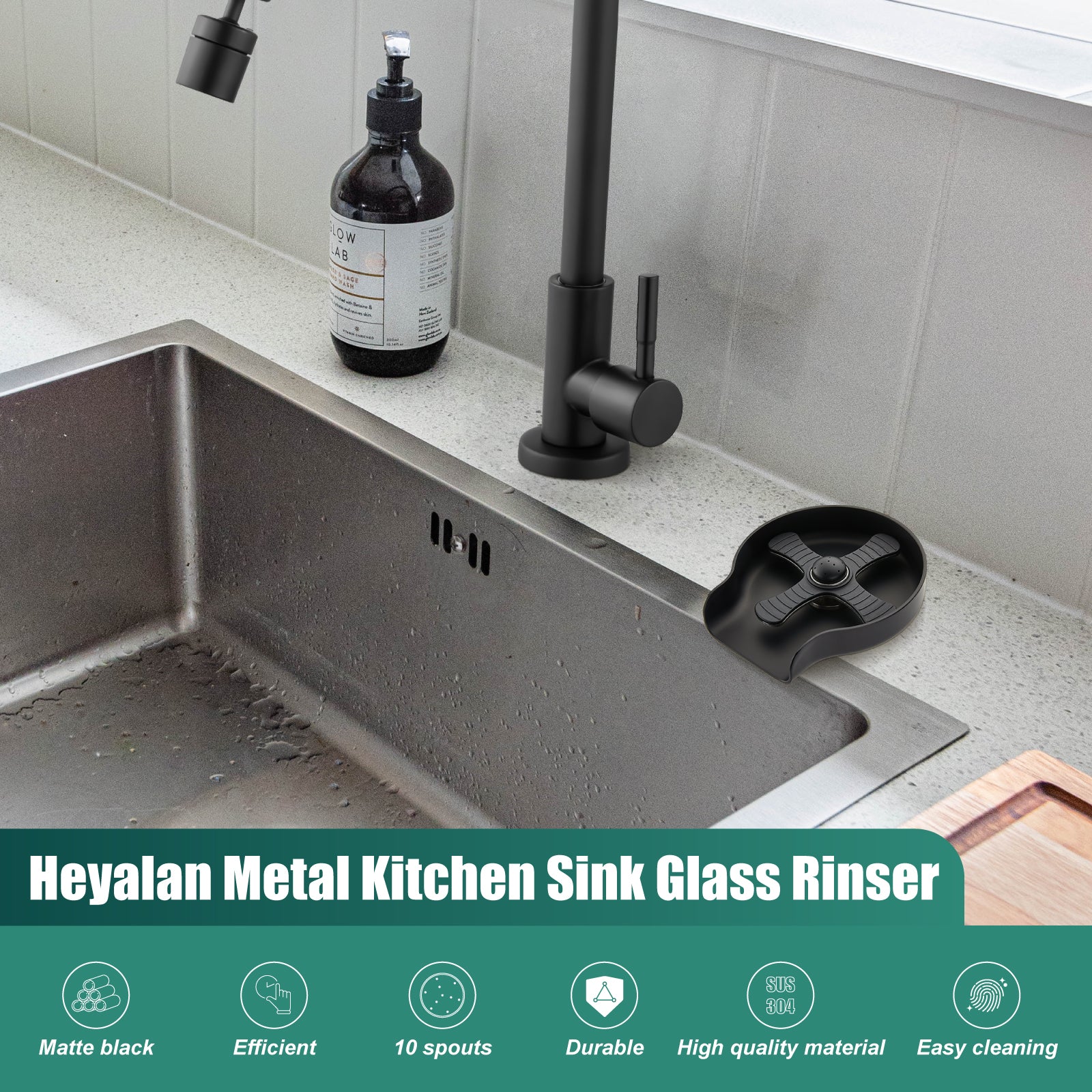 Heyalan Glass Rinser Cup Washer For Sink, Kitchen Bar Glass Washer Bottle Washer SUS304 Stainless Steel, Automatic Kitchen Sink Accessories for Wash Glass Cup Wine Cup