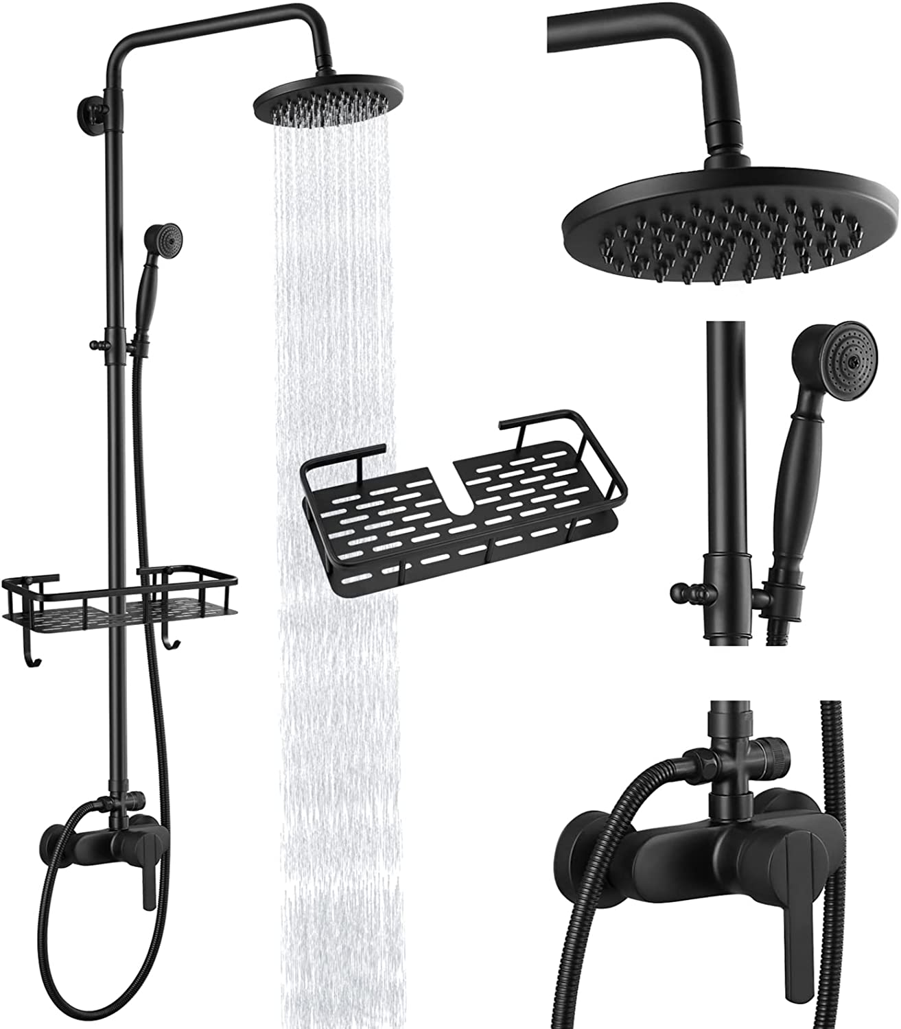 Heyalan Exposed Pipe Shower System 8 Inch Rainfall Shower Head Fixture Combo Set Single Handle with Handheld Sprayer Bathroom Shower Faucet Adjustable Showerhead Bar with Shower Shelf