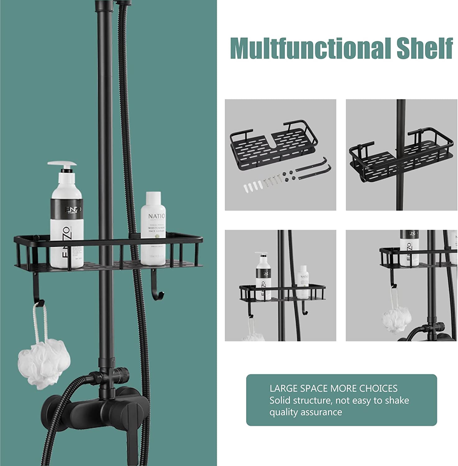 Heyalan Exposed Pipe Shower System 8 Inch Rainfall Shower Head Fixture Combo Set Single Handle with Handheld Sprayer Bathroom Shower Faucet Adjustable Showerhead Bar with Shower Shelf
