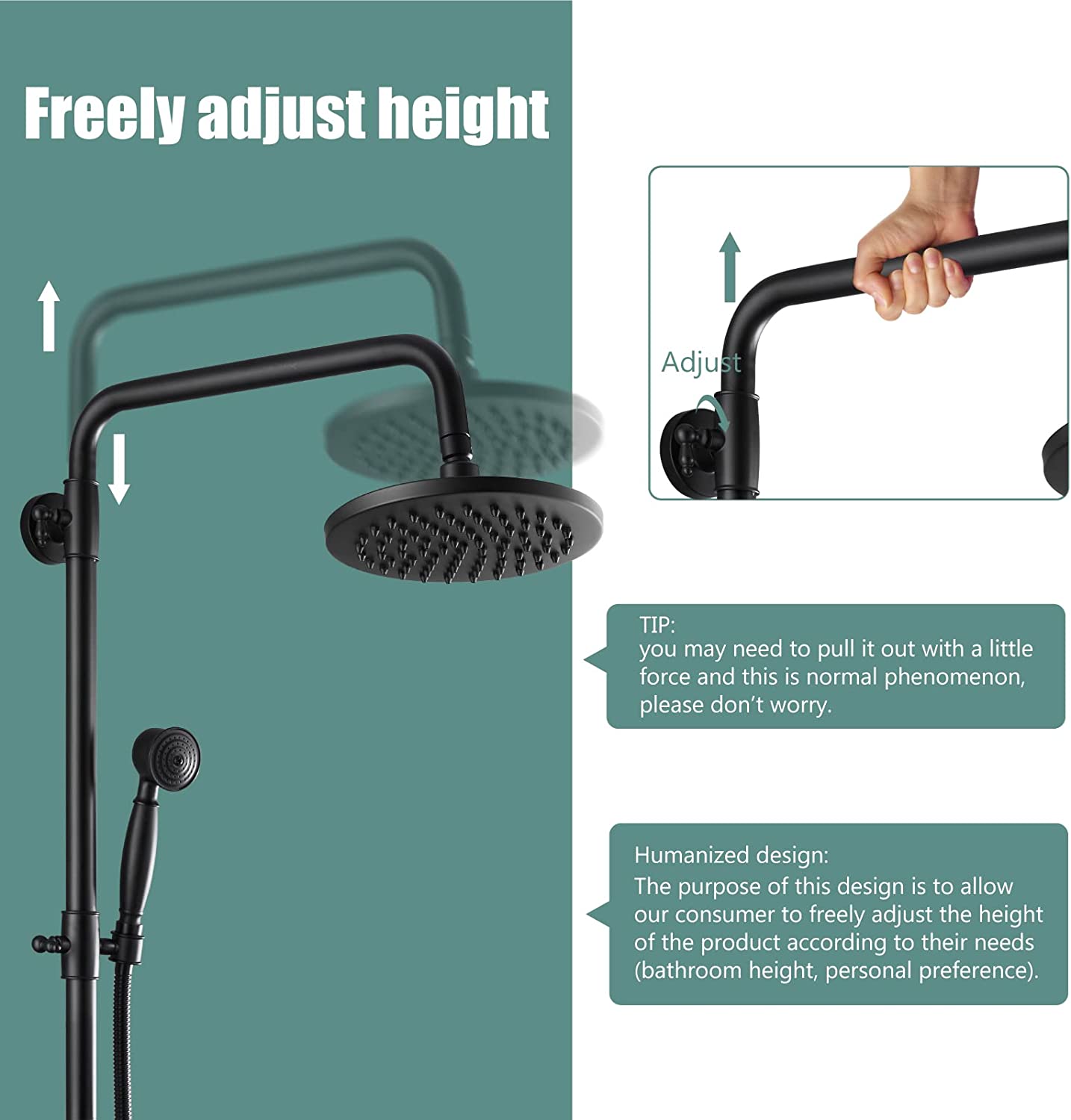 Heyalan Exposed Pipe Shower System 8 Inch Rainfall Shower Head Fixture Combo Set Single Handle with Handheld Sprayer Bathroom Shower Faucet Adjustable Showerhead Bar with Shower Shelf
