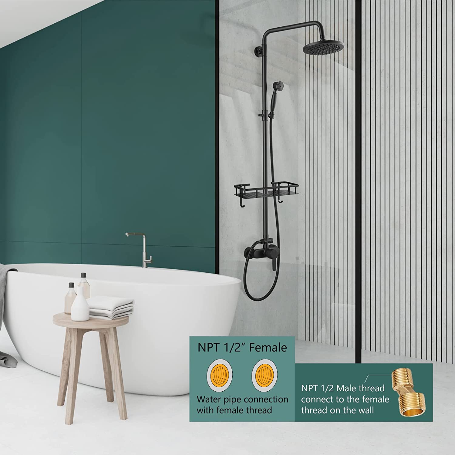 Heyalan Exposed Pipe Shower System 8 Inch Rainfall Shower Head Fixture Combo Set Single Handle with Handheld Sprayer Bathroom Shower Faucet Adjustable Showerhead Bar with Shower Shelf