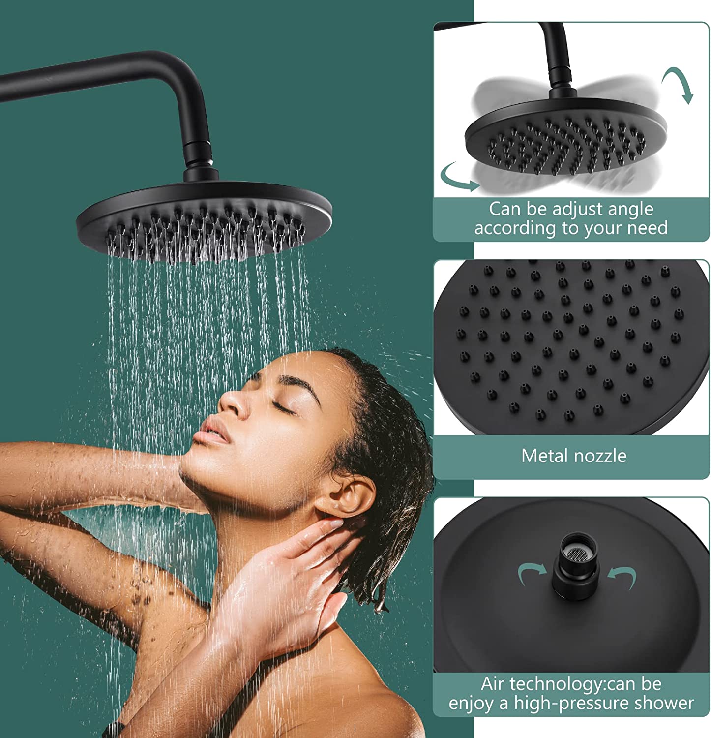 Heyalan Exposed Pipe Shower System 8 Inch Rainfall Shower Head Fixture Combo Set Single Handle with Handheld Sprayer Bathroom Shower Faucet Adjustable Showerhead Bar with Shower Shelf