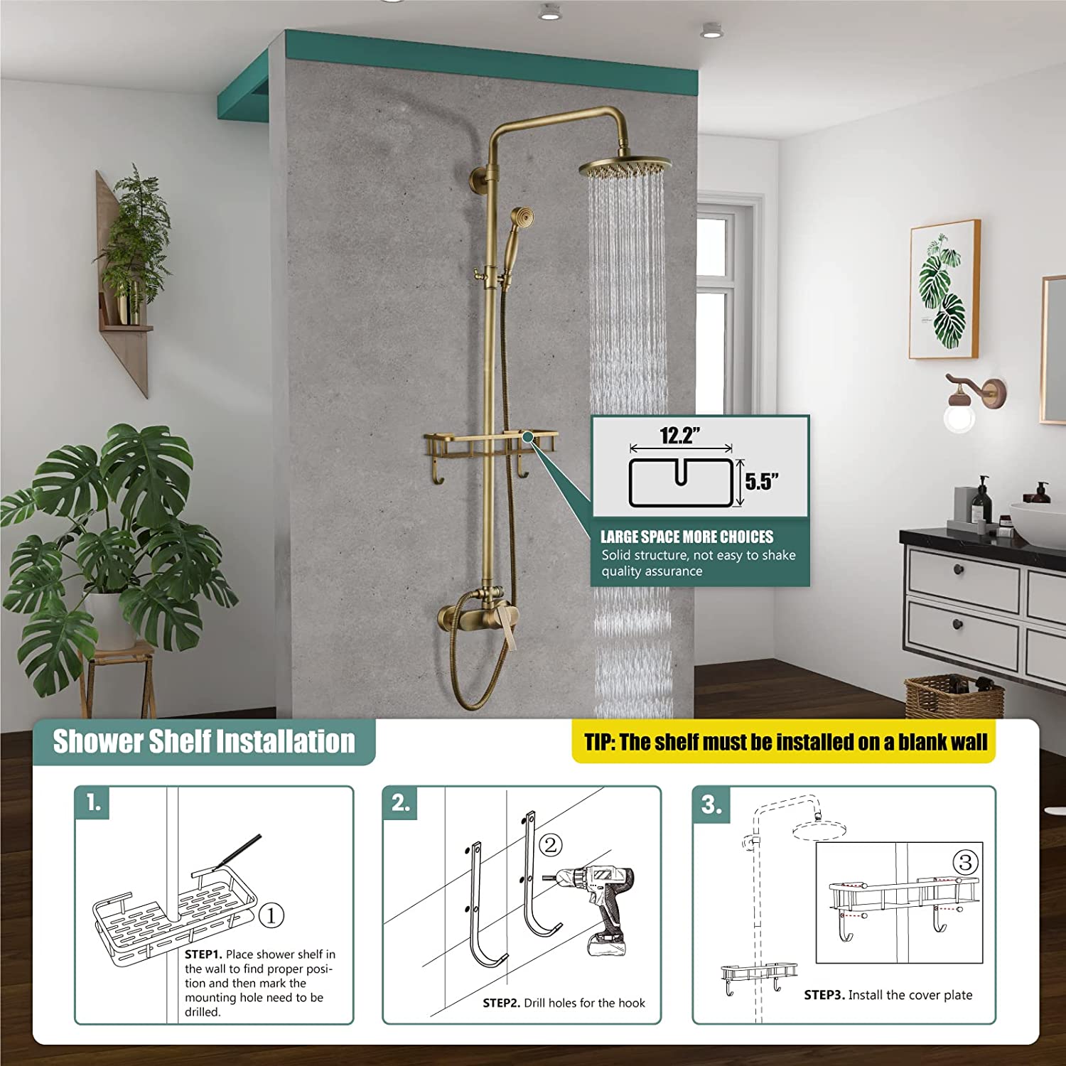 Heyalan Exposed Pipe Shower System 8 Inch Rainfall Shower Head Fixture Combo Set Single Handle with Handheld Sprayer Bathroom Shower Faucet Adjustable Showerhead Bar with Shower Shelf