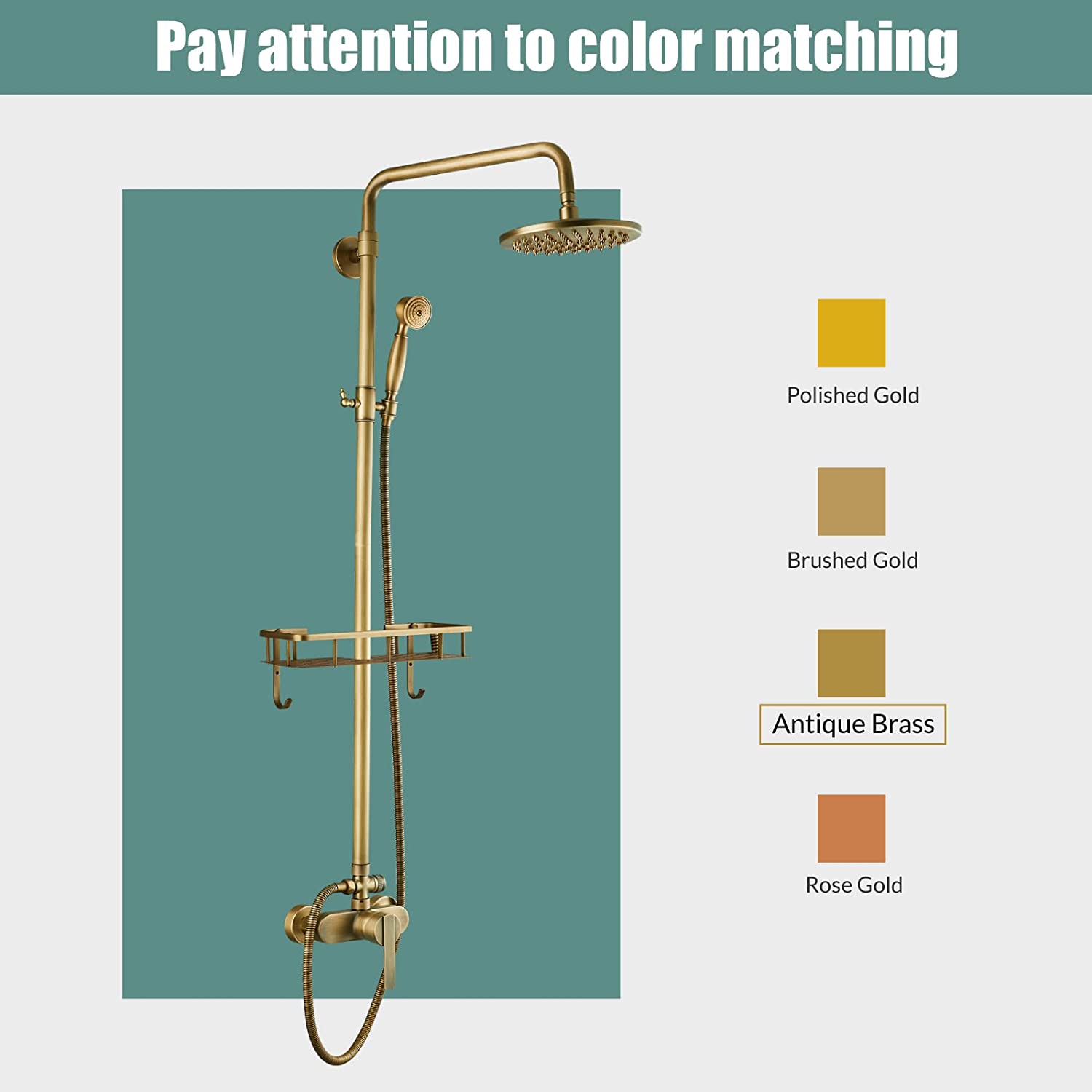 Heyalan Exposed Pipe Shower System 8 Inch Rainfall Shower Head Fixture Combo Set Single Handle with Handheld Sprayer Bathroom Shower Faucet Adjustable Showerhead Bar with Shower Shelf