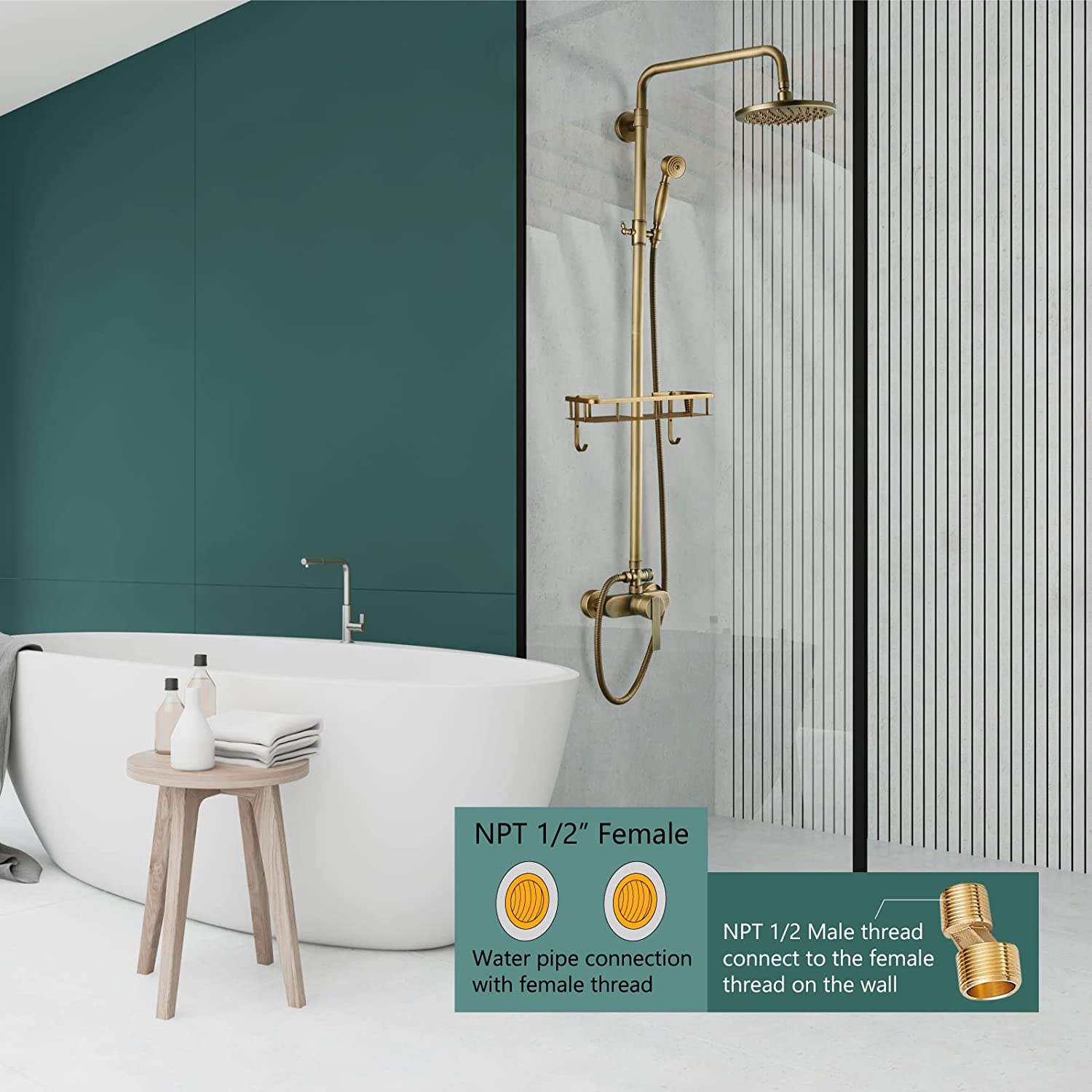 Heyalan Exposed Pipe Shower System 8 Inch Rainfall Shower Head Fixture Combo Set Single Handle with Handheld Sprayer Bathroom Shower Faucet Adjustable Showerhead Bar with Shower Shelf