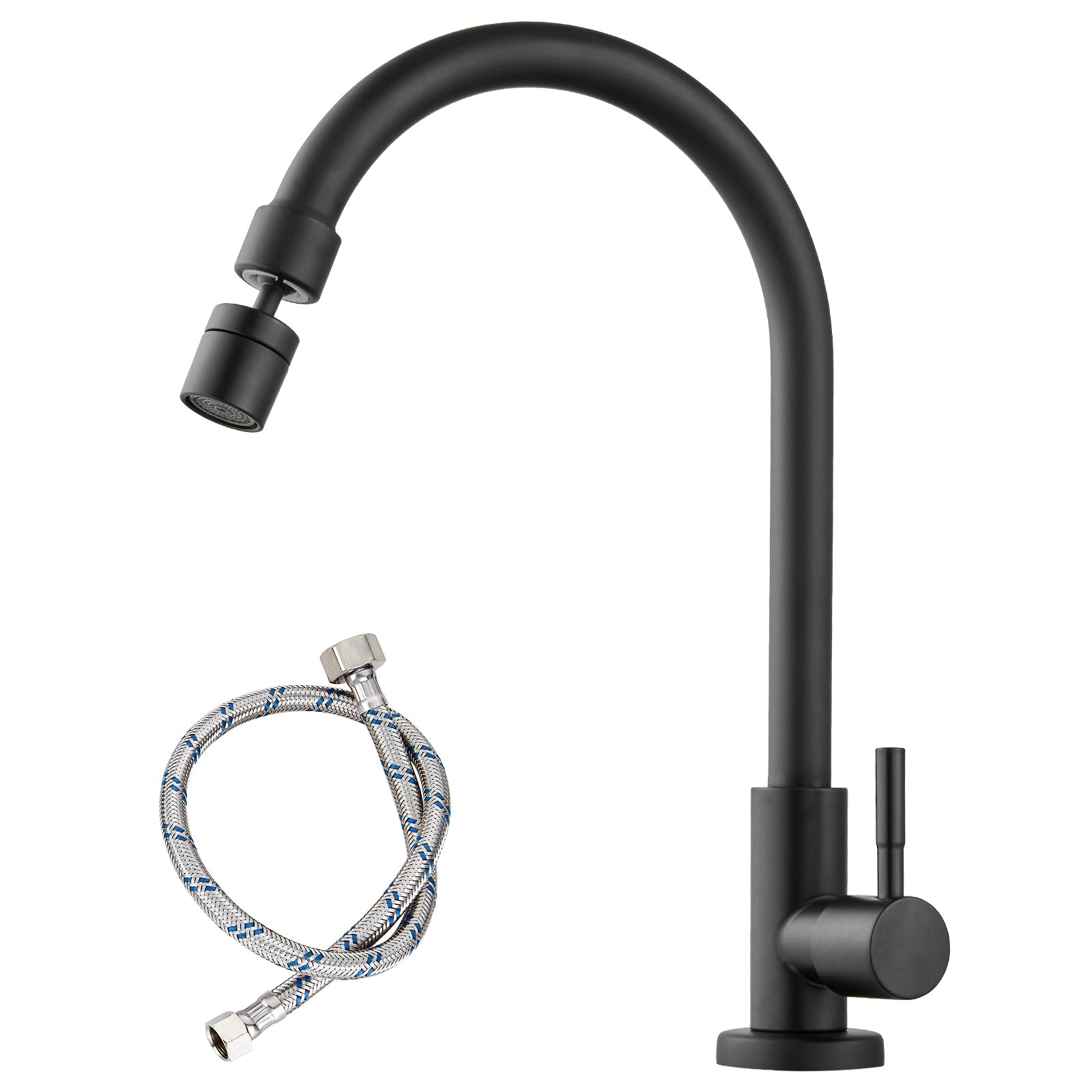 Heyalan Cold Water Only Kitchen Faucet 360 Degree Swivel Spout Matte Black High Arc Sink Tap Brass Faucet Goose Neck