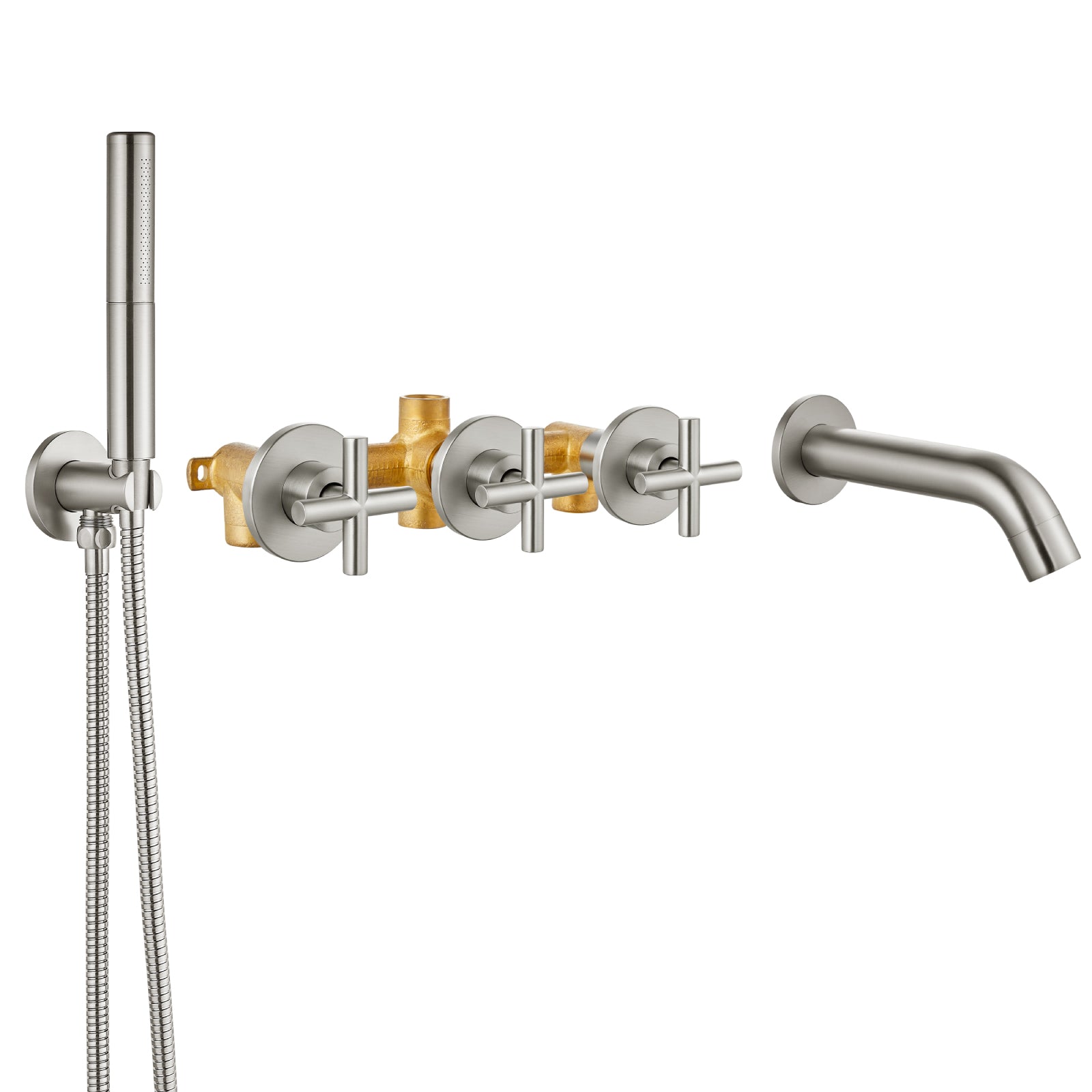 Heyalan Wall Mounted Bathroom Tub Filler Faucet with Handheld Shower Head High Flow Bathtub Spout with 3 Knobs Shower Trim kit Hand Held Sprayer 2 Function Roman Bath Fixtures