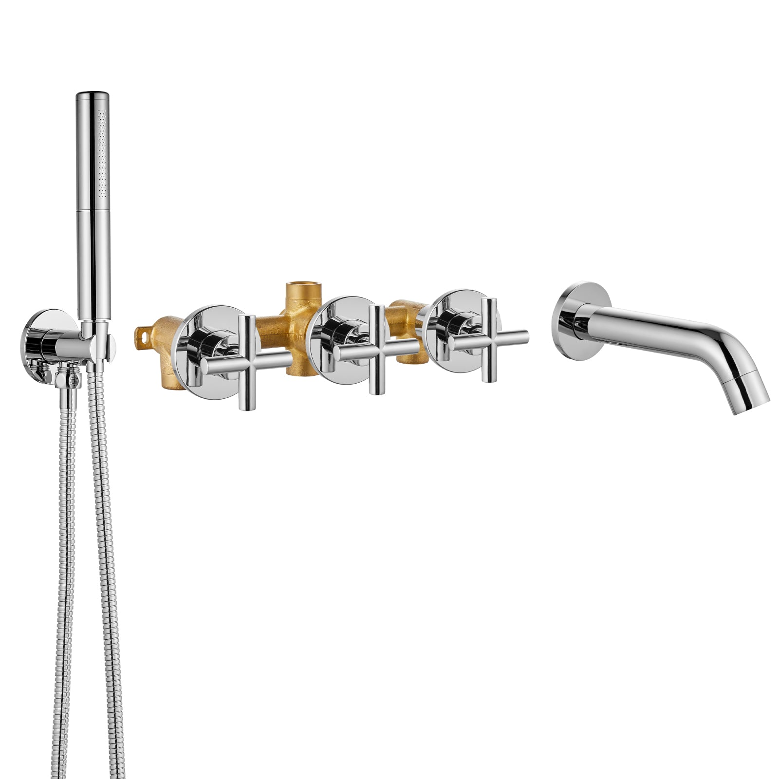 Heyalan Wall Mounted Bathroom Tub Filler Faucet with Handheld Shower Head High Flow Bathtub Spout with 3 Knobs Shower Trim kit Hand Held Sprayer 2 Function Roman Bath Fixtures