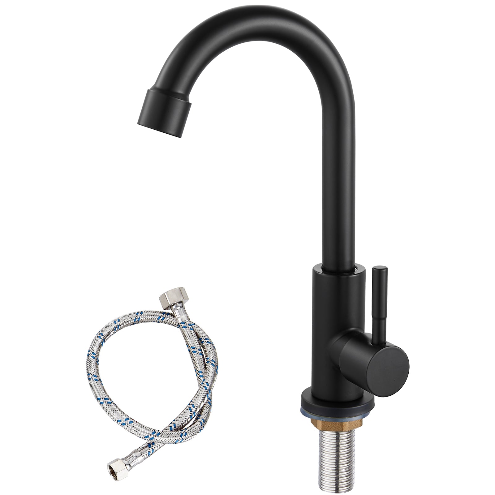 Cold Water Only Kitchen Faucet Single Handle 1 Hole Deck Mount 360 Degree Swivel Spout High Arc SUS304 Stainless Steel Sink Bar Tap Goose Neck with Hose(Drain Not Included)