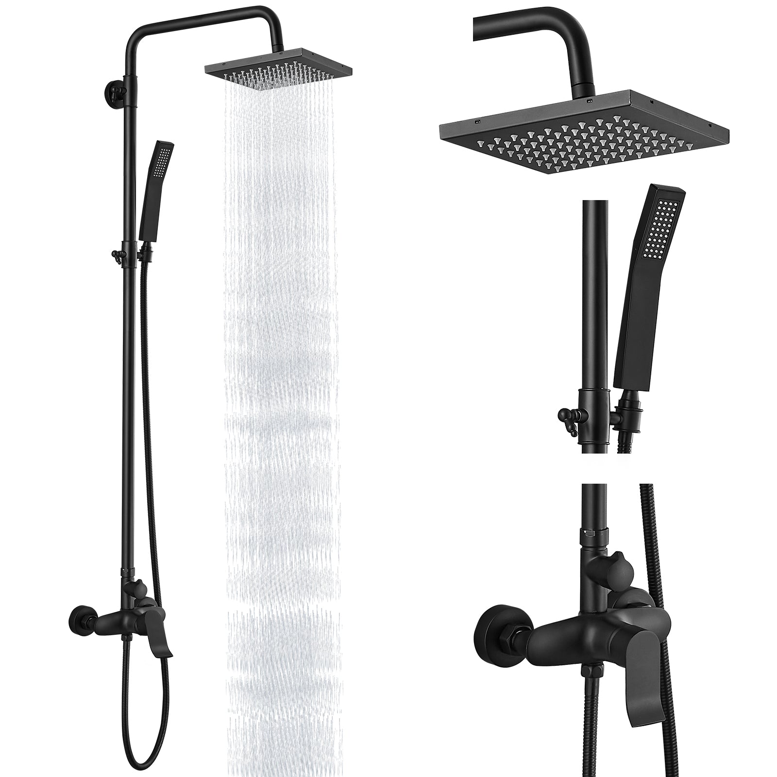 Exposed Shower System Dual Function Bathroom Shower Faucet 8 Inch Square Swivel Rainfall Shower Head with Handheld Adjustable Complete Set Wall Mount