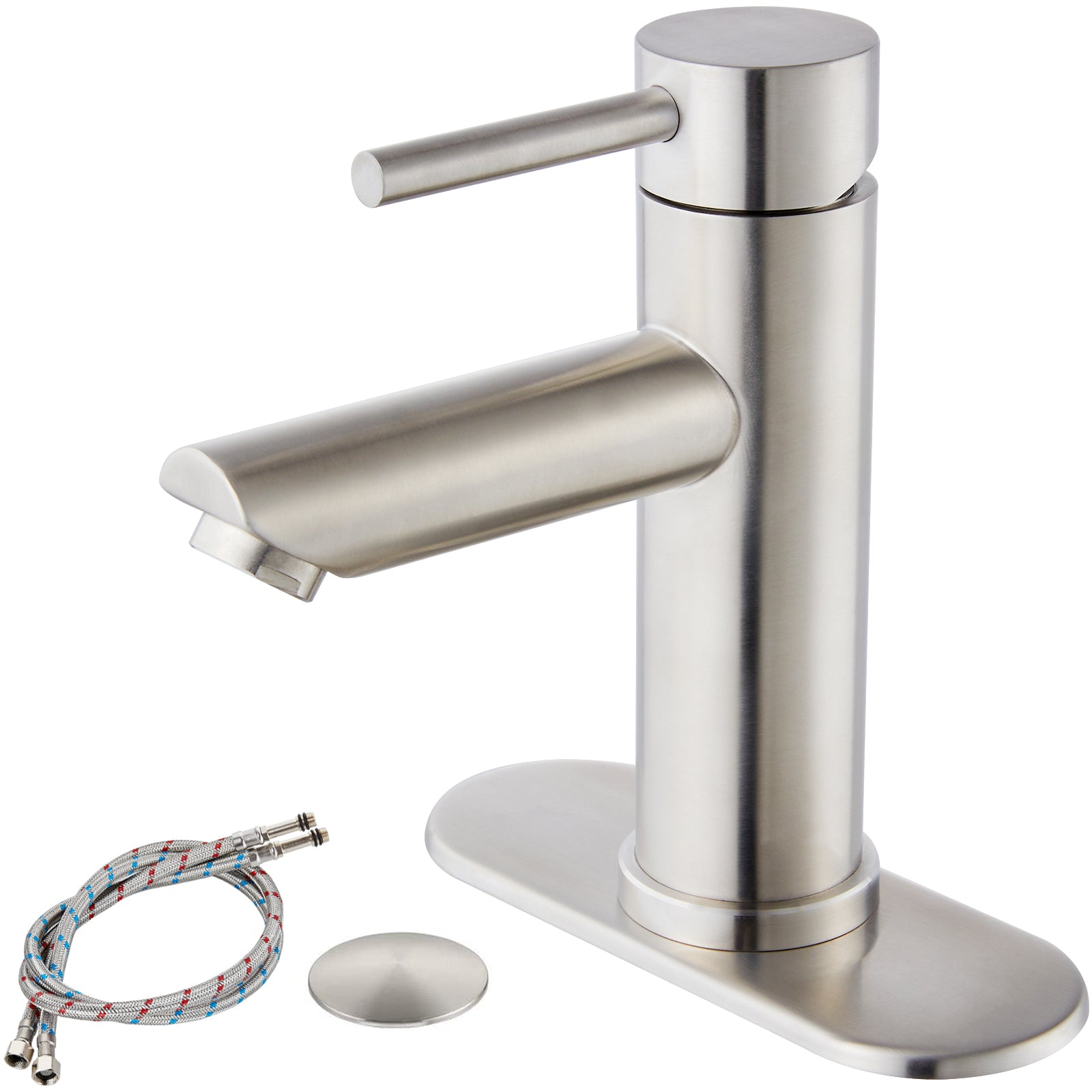 Heyalan Bathroom Sink Faucet Stainless Steel SUS304 Brushed Nickel Single Handle 1 Hole Hot and Cold Water Deck Mount Lavatory Faucet Kitchen Tap with Pop Up Drain