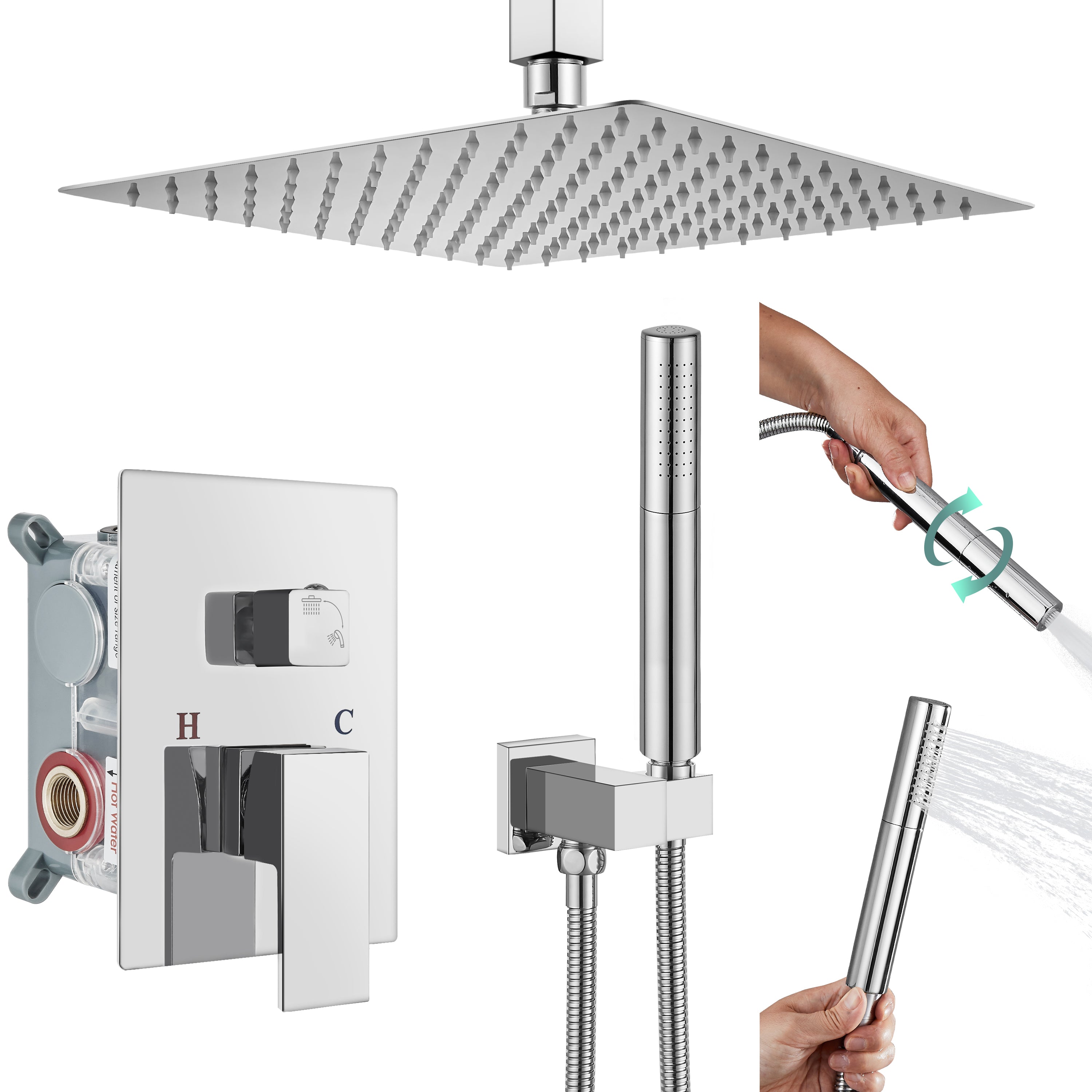 Heyalan Shower Faucet Set Ceiling Mount Square Showerhead Bathroom Rainfall Shower System SUS304 Stainless Steel Shower Trim Kit 2 in 1 Handheld shower with Rough-in Valve