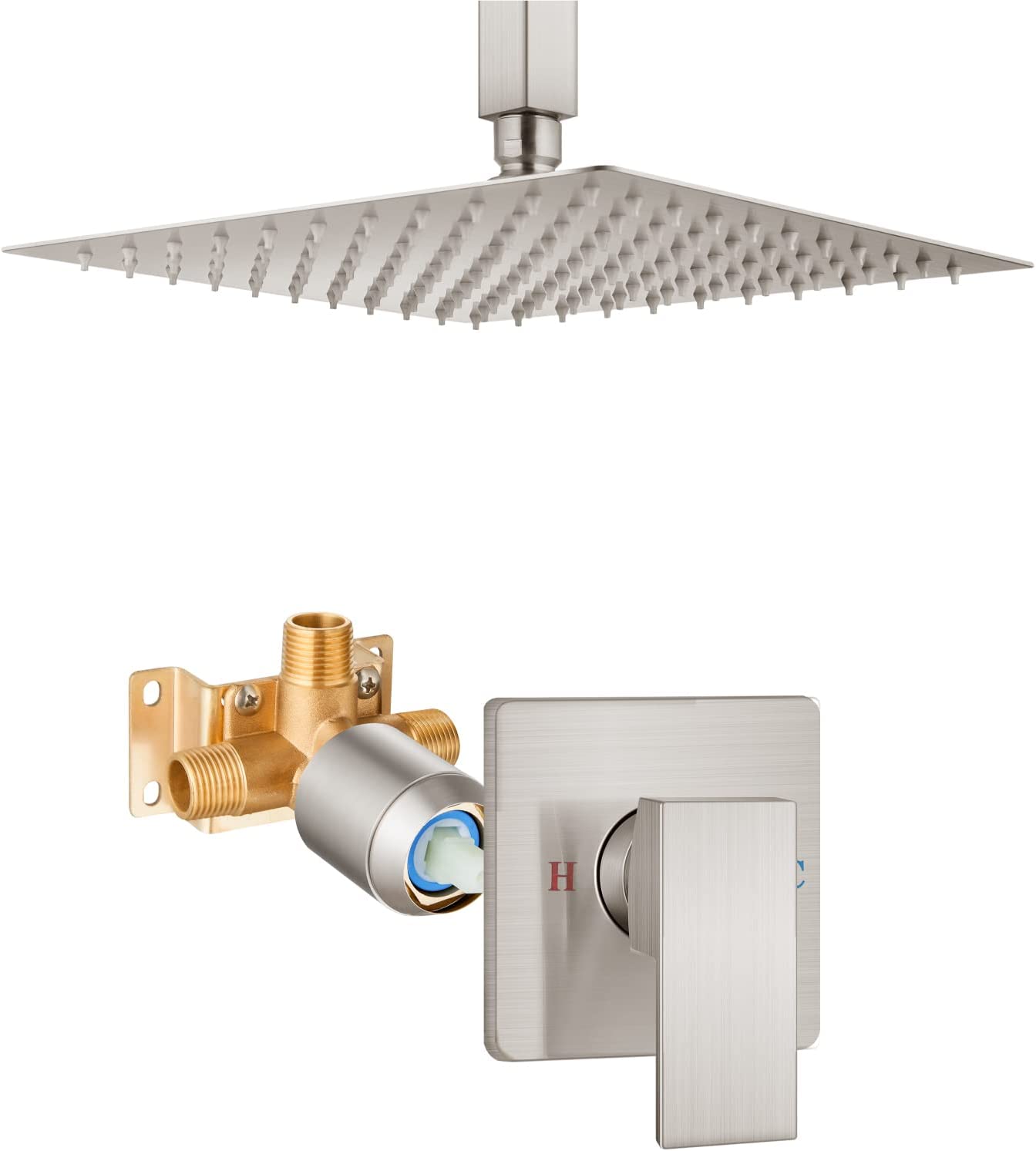 Heyalan Shower Trim Kit Ceiling Mount 10” Square SUS304 Bathroom Rainfall Shower Head and One Handle System 1 Function Mixer Shower Faucet Set with Rough-in Valve Male Thread