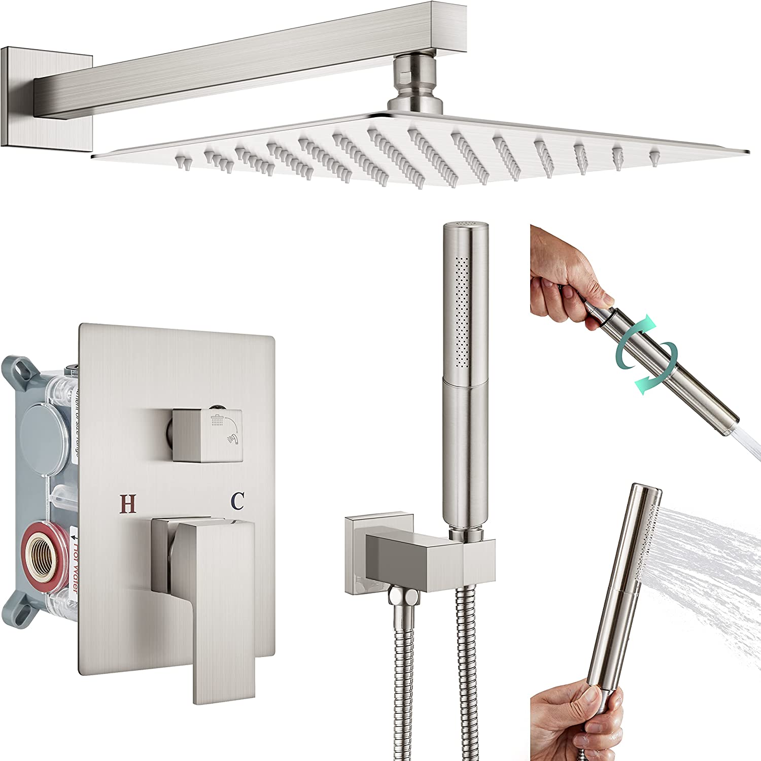 Heyalan Shower System Square Rain Shower System Head Shower Faucet Fixture 2 in 1 Handheld Shower Sprayer Rough in Valve Wall Mount Bathroom Rainfall Combo Set High Pressure